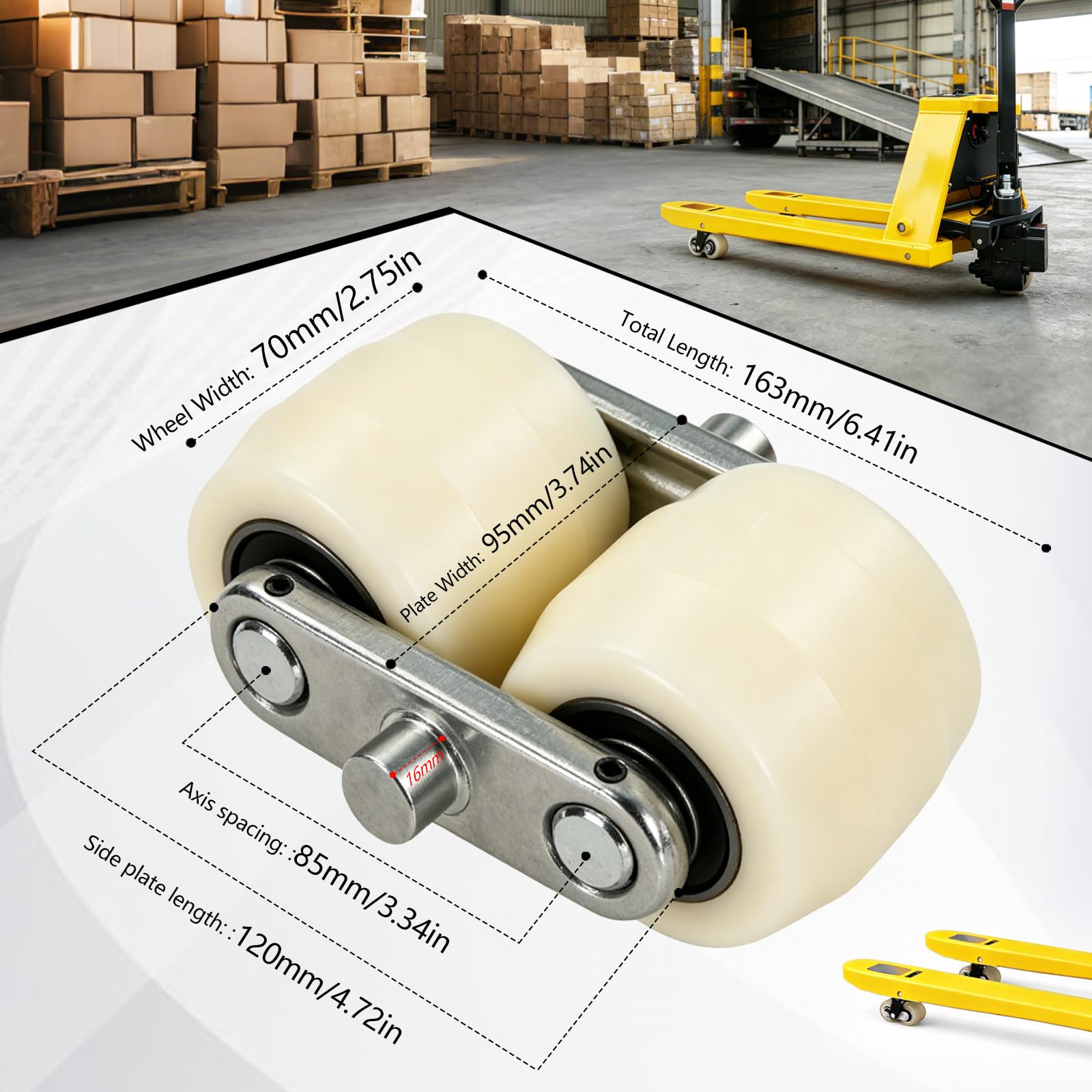 4 Stück Hubwagenrollen Nylon 80 x 70 mm, Achse 2 mm Kugellager Rollen mit Metall Verbindungsplatte Belastung 750 KG für Hubwagen Ersatzrollen