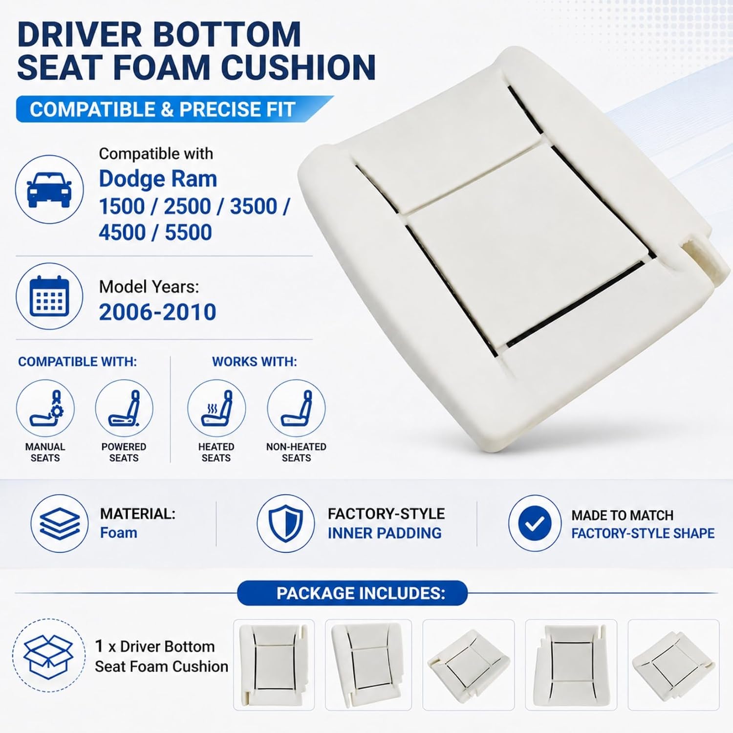 NLQR Driver Side Bottom Seat Foam Cushion Pad Replacement Compatible with Dodge Ram 1500 2500 3500 2006-2010 - 5180021AA | Lower Seat Support Pad | Fits Heated & Non-Heated Seats