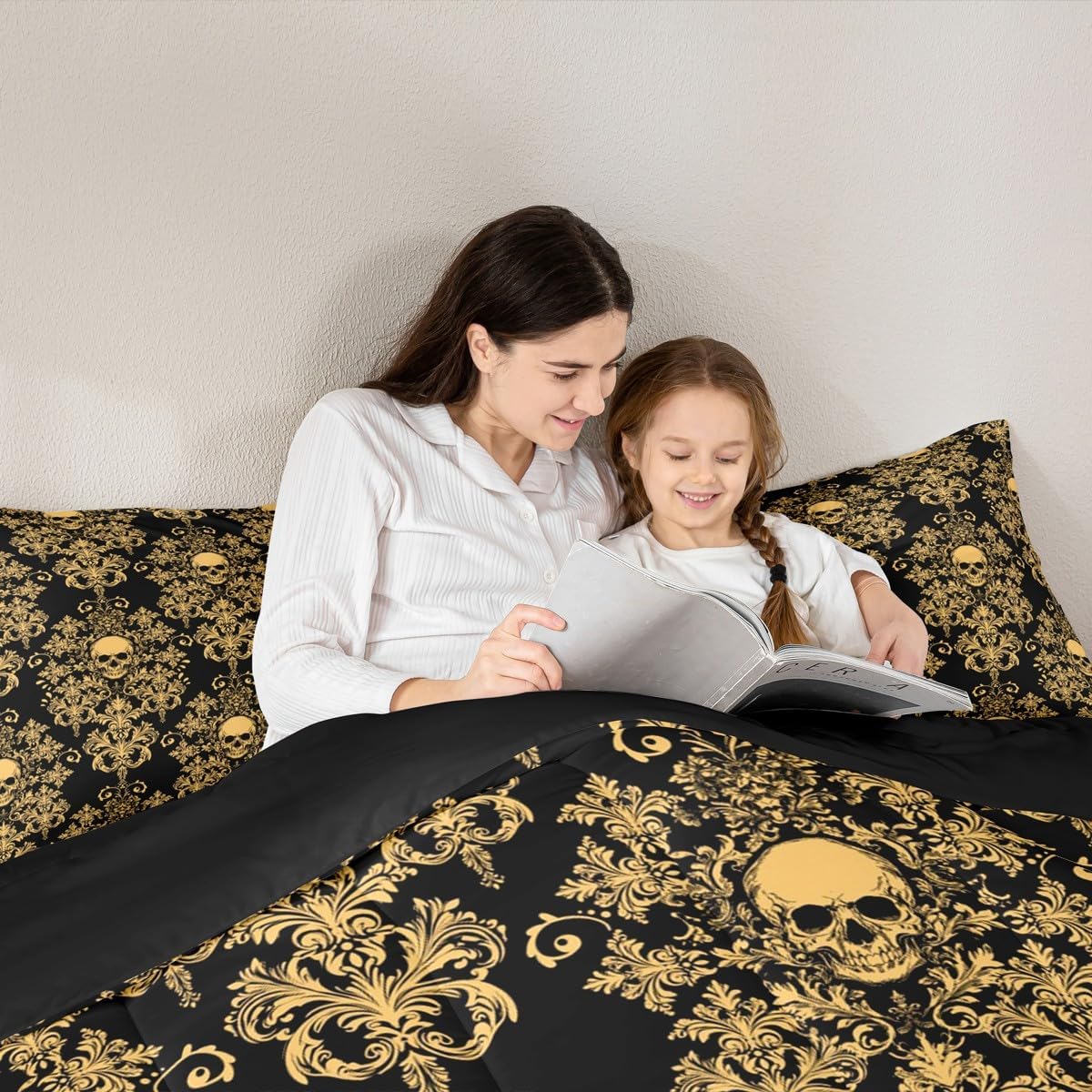Feelyou Jacquard Damask Comforter Set Luxury Royal Golden Jacquard Bedding Set Queen Size for Kids Boys Girl Boho Style Duvet Quilt Damask Skull Pattern Duvet Floral Bedroom Decor