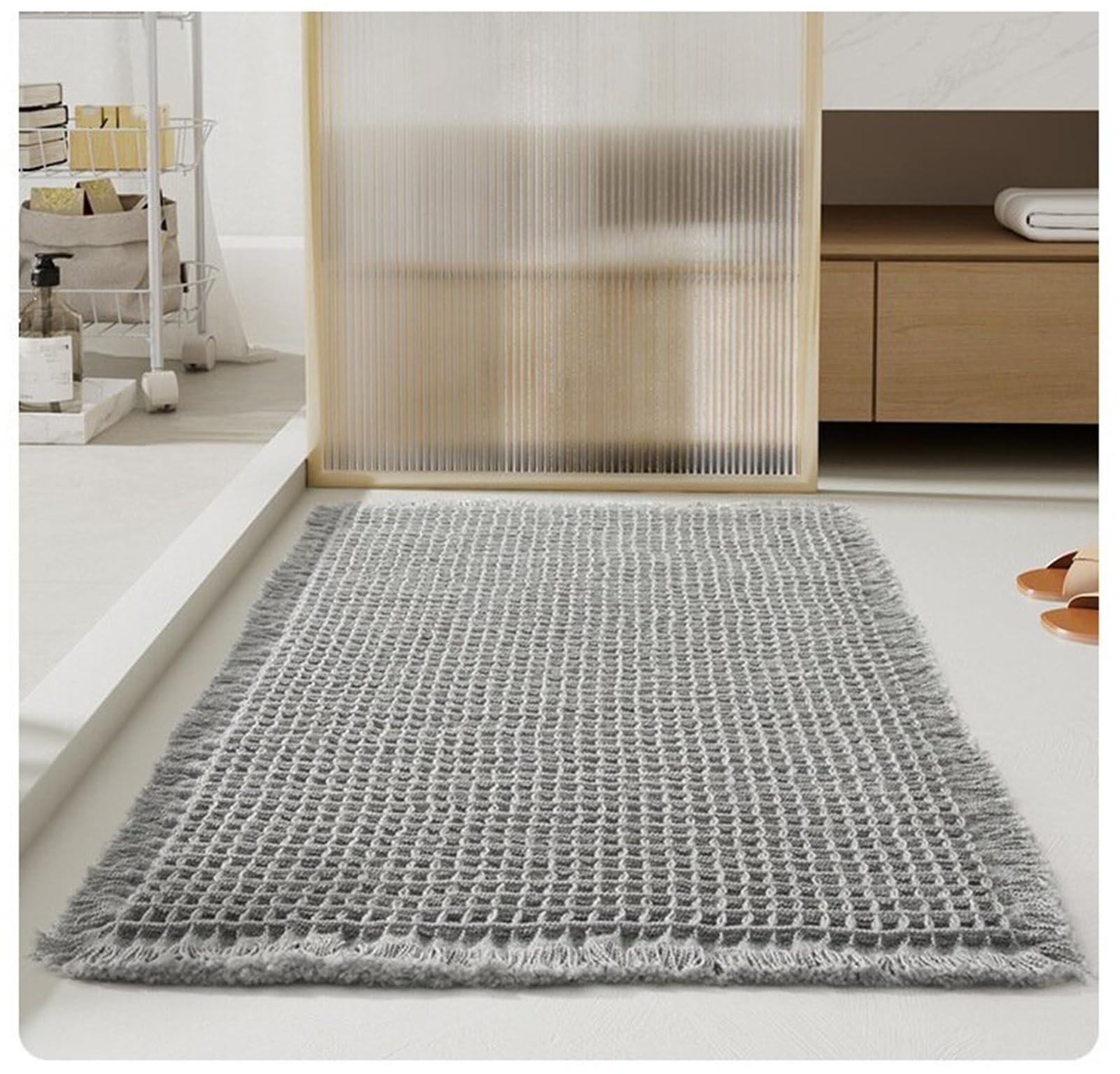 Super Saugfähige Badezimmerteppich Waffel Badematte rutschfest, Badteppich Waschbar Ultraweich und Schnelltrocknend, mit Quasten für Küche Wohnzimmer Schlafzimmer(Beige,61 x 183 cm)