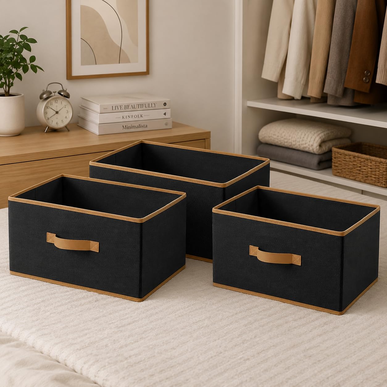 LAXIS Drawer Organiser | Foldable Toy Storage Organiser for Kids | Closet Organizers Box With Pull Out Handle (Black, Pack of 3)-image-43