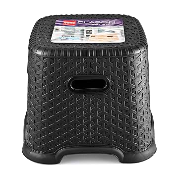 CELLO Classic Perfect Posture Plastic Stool | Plastic Stool for Sittng | Light Weight & Stackable | Ideal for Kitchen, Suitable for Home, Office, Hotel & Bathroom |Small | Black