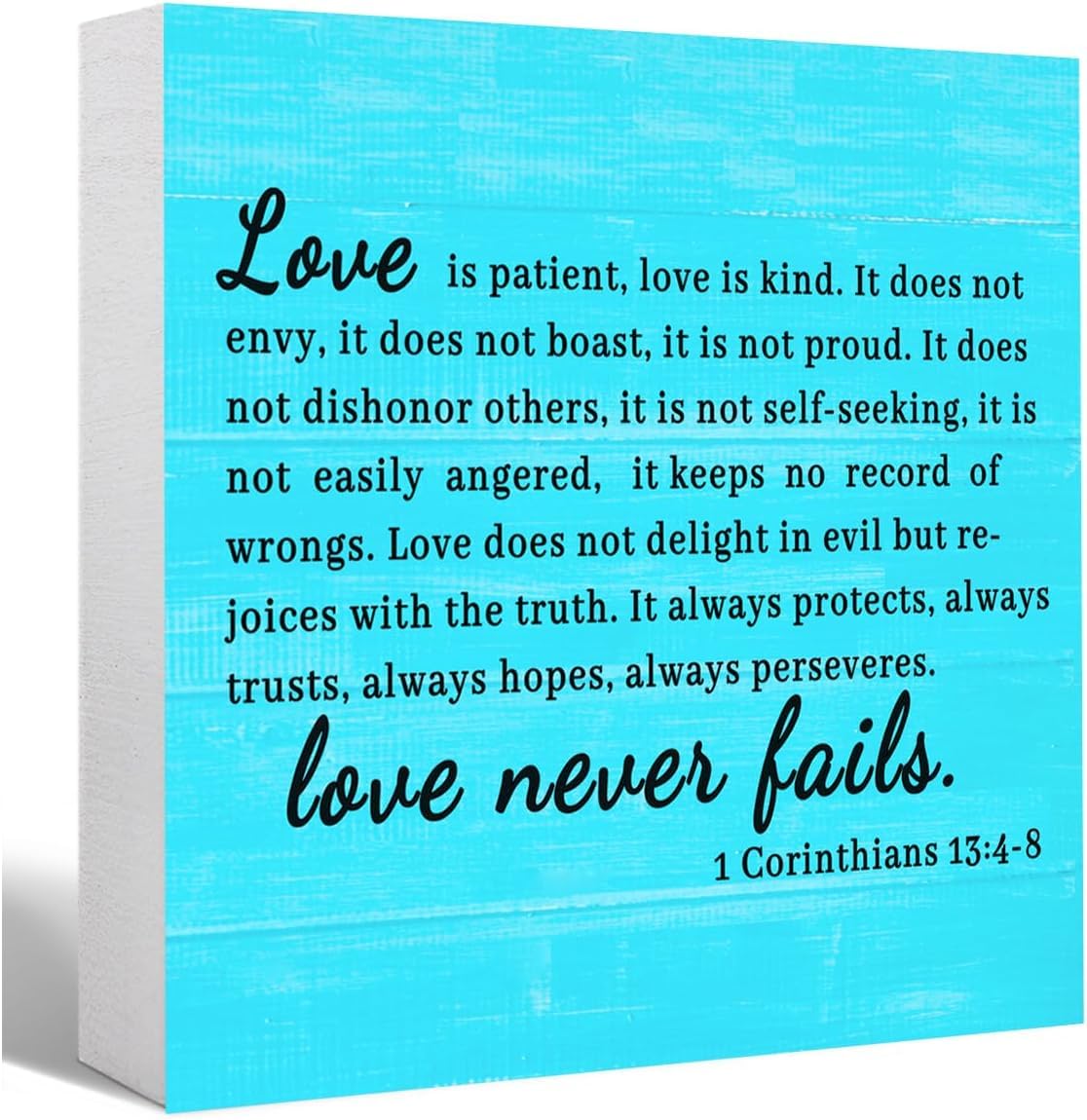 Love Never Fails Box Sign 5x5 Inch Rustic Bible Verse Decor