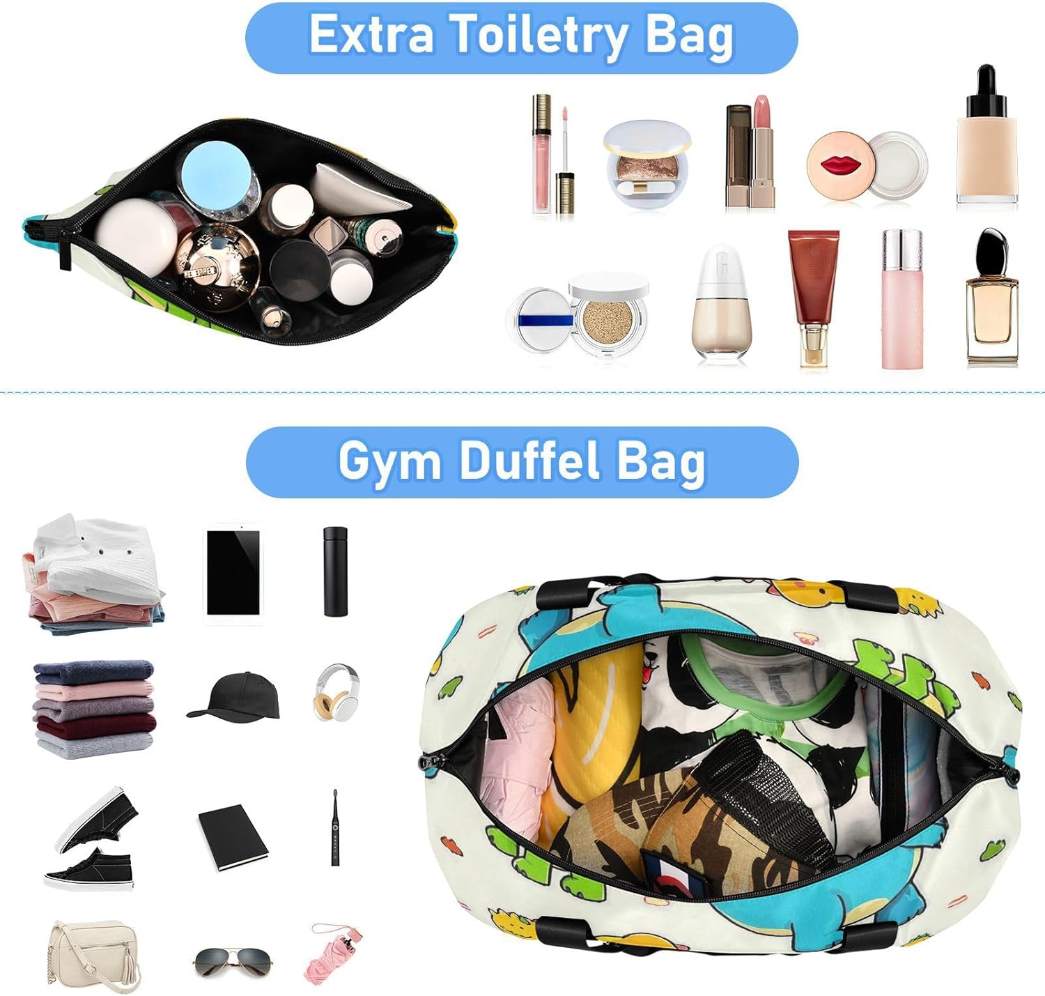 Beige Cute Dinosaur Gym Tote Bag Large Carry On Airport Bag with Adjustable Strap for Gym Waterproof
