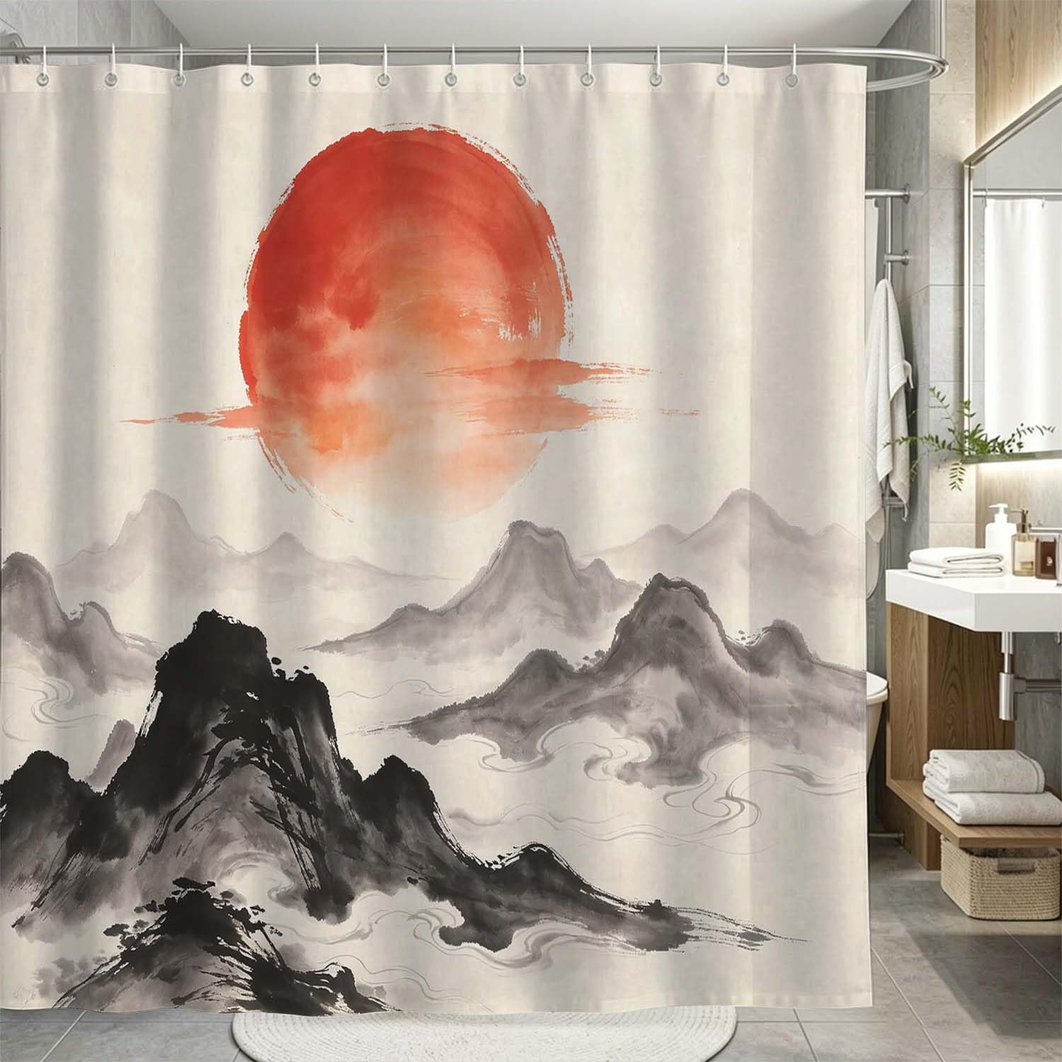 Rideau de Douche Anti Moisissure Montagne, Rideau de Bain Peinture à L'encre de Chine 3D Rideaux de Douche en Polyester, Imperméable, Lavable en Machine, avec Crochets, 300 x 200 cm 1529-YLP