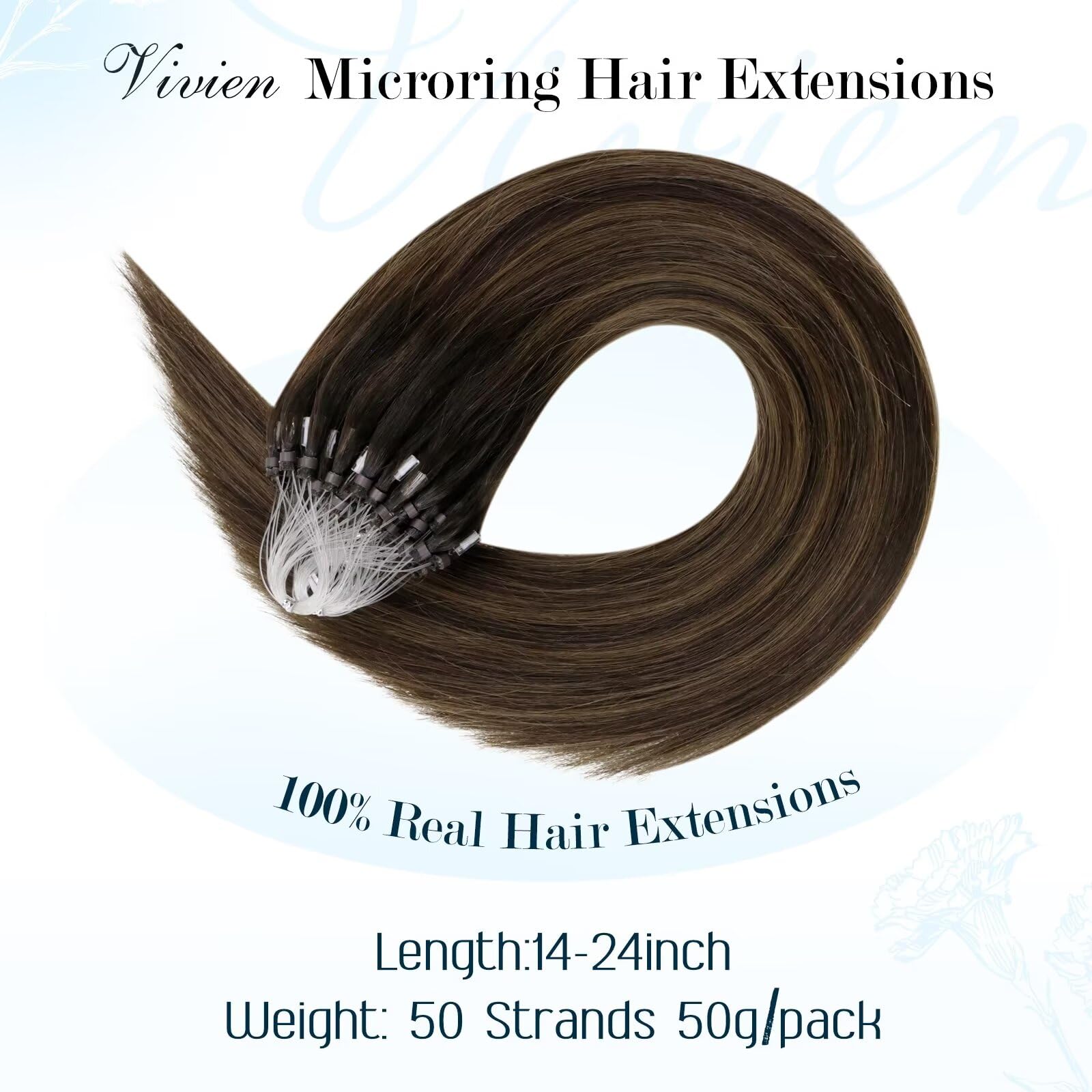 Vivien 24 Inch Micro Beads Extensions Real Human Hair Balayage Brown Remy Micro Loop Hair Extensions Dark Brown to Light Ombre Invisible Long for Women 50g 50s #2/8/2 - Image 2