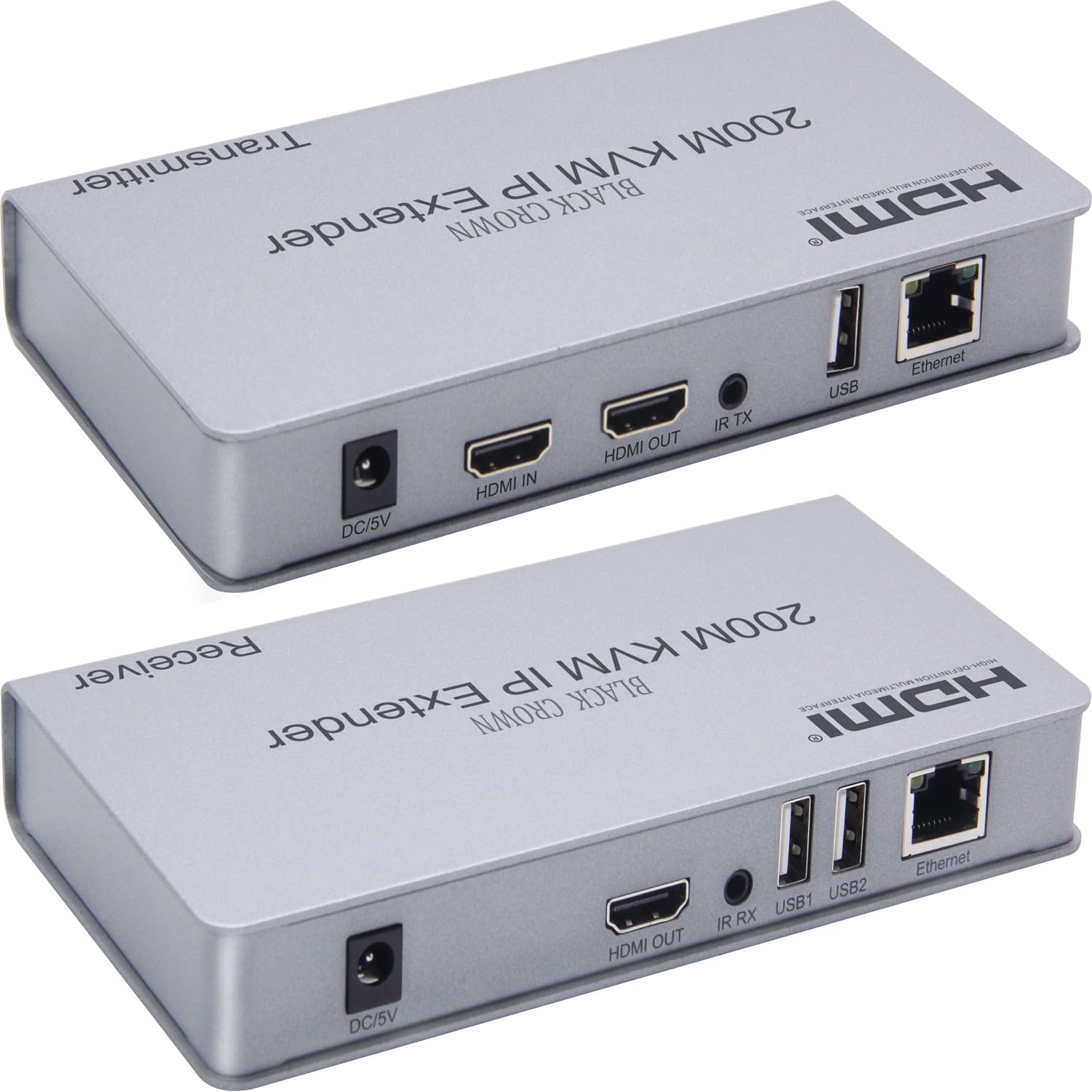 BLACK CROWN 200M HDMI KVM IP Extender, Over IP RJ45 Ethernet CAT6 6A Transmitter Receiver and Cascade Connection USB Keyboard Mouse to control the Signal for PC/DVD/HD Box/gaming console.(Grey)-image-46
