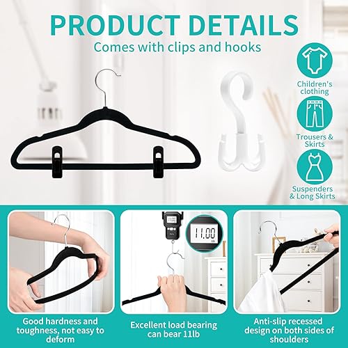 Miniatura 3 de Tinfol Perchas de terciopelo para niños, 60 unidades, 13.7 pulgadas, color negro, antideslizantes, para armario, perchas para ropa infantil que