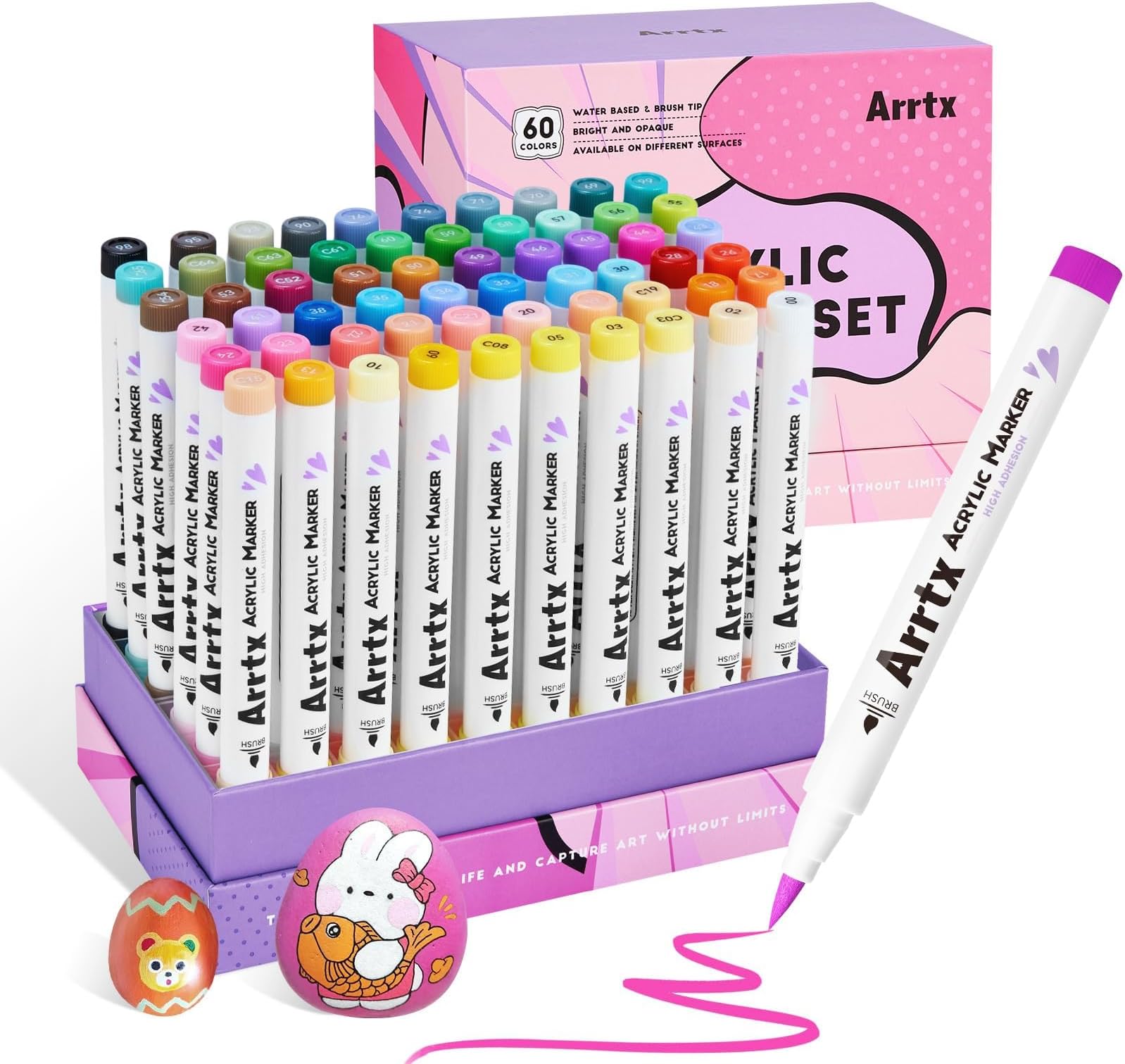 Arrtx Paint Markers Paint Pens 60 Colors, Acrylic Pens for Artists Adults Coloring Drawing Cartoon Anime Comic - Brush Tip for Rock, Wood, Canvas, DIY Crafts Making Art Supplies