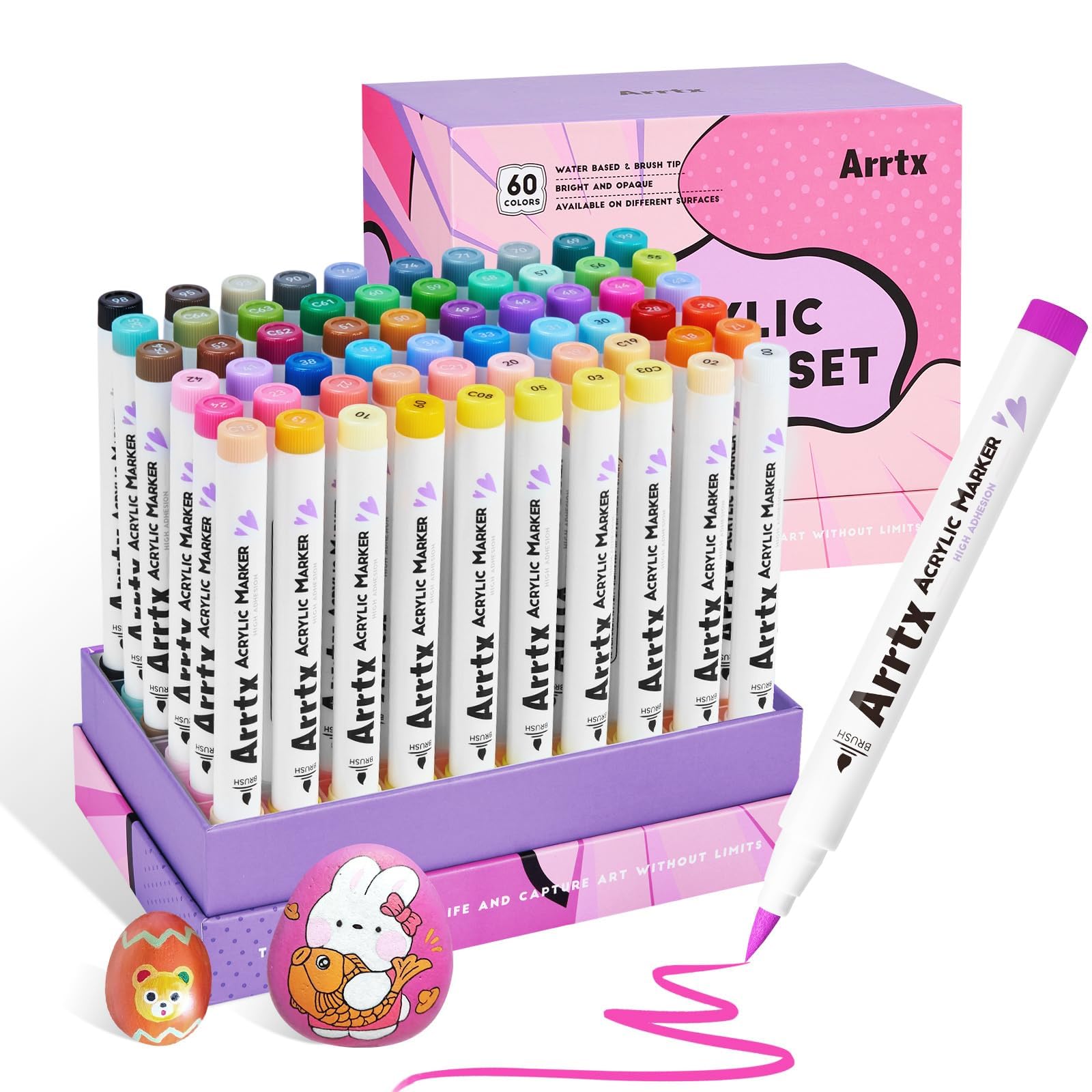 Arrtx Paint Markers Paint Pens 60 Colors, Acrylic Paint Pens for Artists Adults Coloring Drawing Cartoon Anime Comic - Brush Tip for Rock Painting, Wood, Canvas, DIY Crafts Making Art Supplies Vibrant 60 Colors