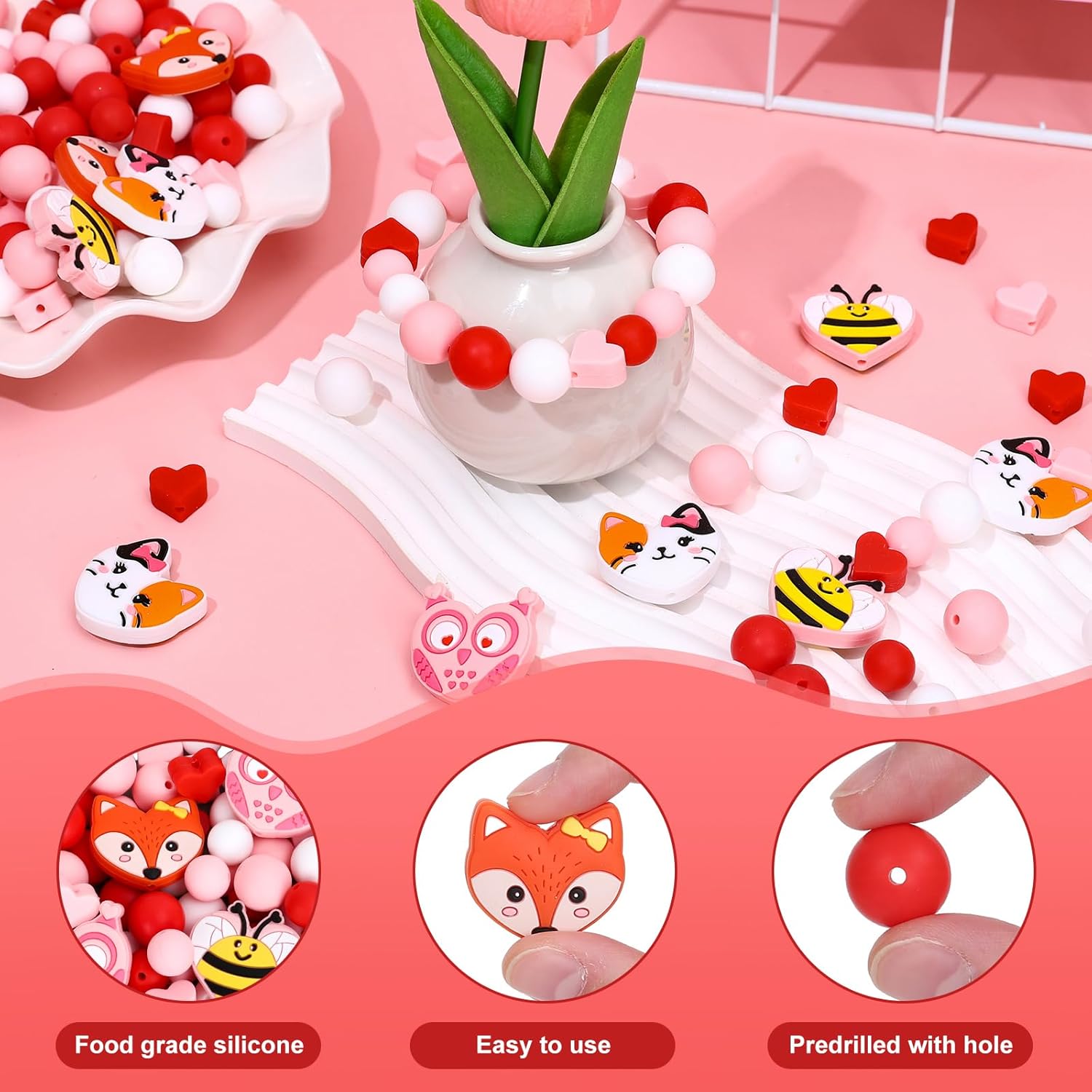Silicone Beads for Valentine's Day Red Pink Round Heart Shaped Animal Rubber Loose Focal Beads with Elastic Rope for DIY Crafts Pens Keychain Jewelry Bracelet Lanyard Making Kit, 100 Pcs - Image 3