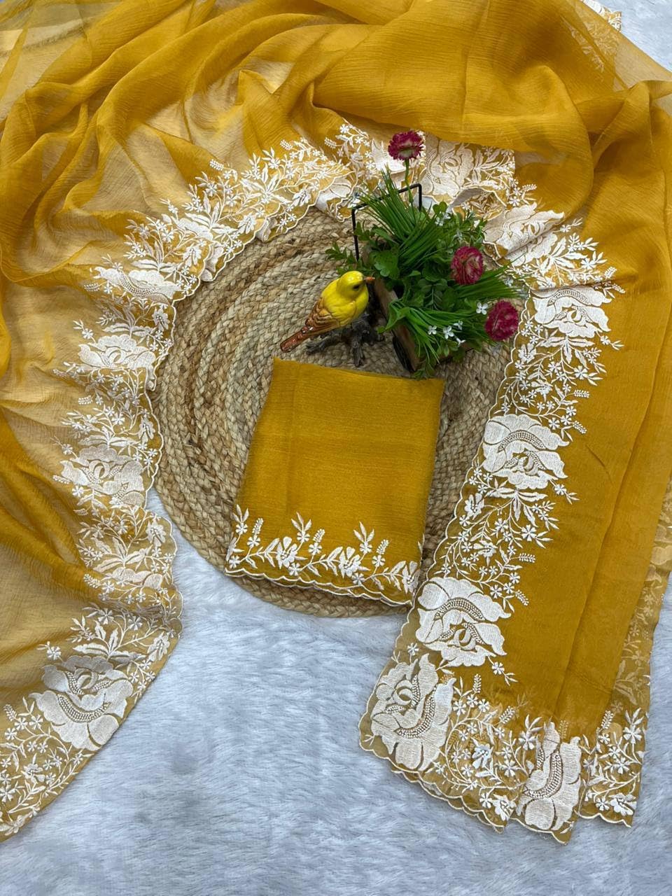 Blue And Yellow Saree with White Floral Embroidered Border, Elegant Traditional Indian Wear