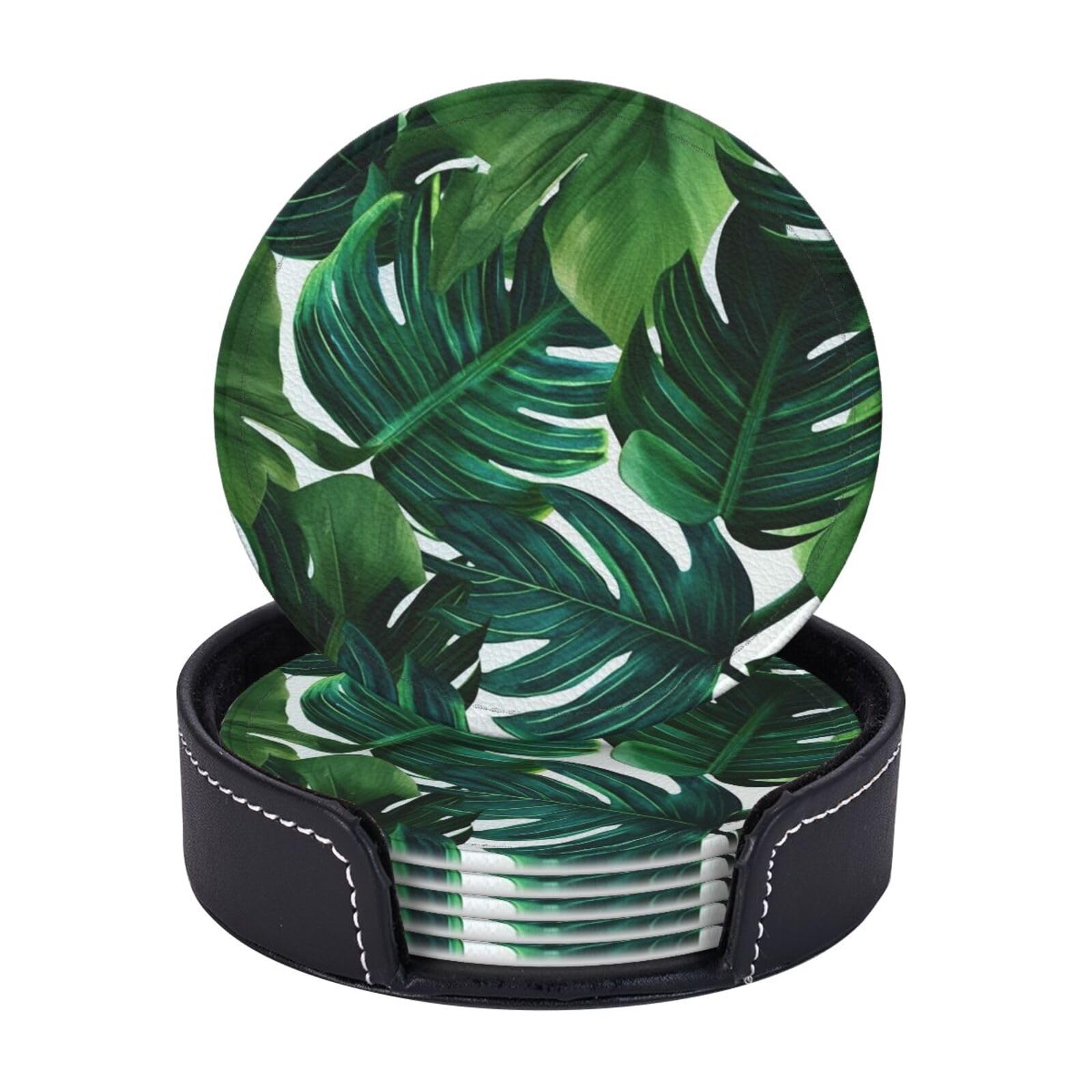 6Pcs PU Leather Coaster for Drinks, Banana Leaves Cup Coasters with Holder, Aesthetic Drink Coasters for Coffee Table, Round Coaster for Tabletop Protection 4" Cup Mat Pad