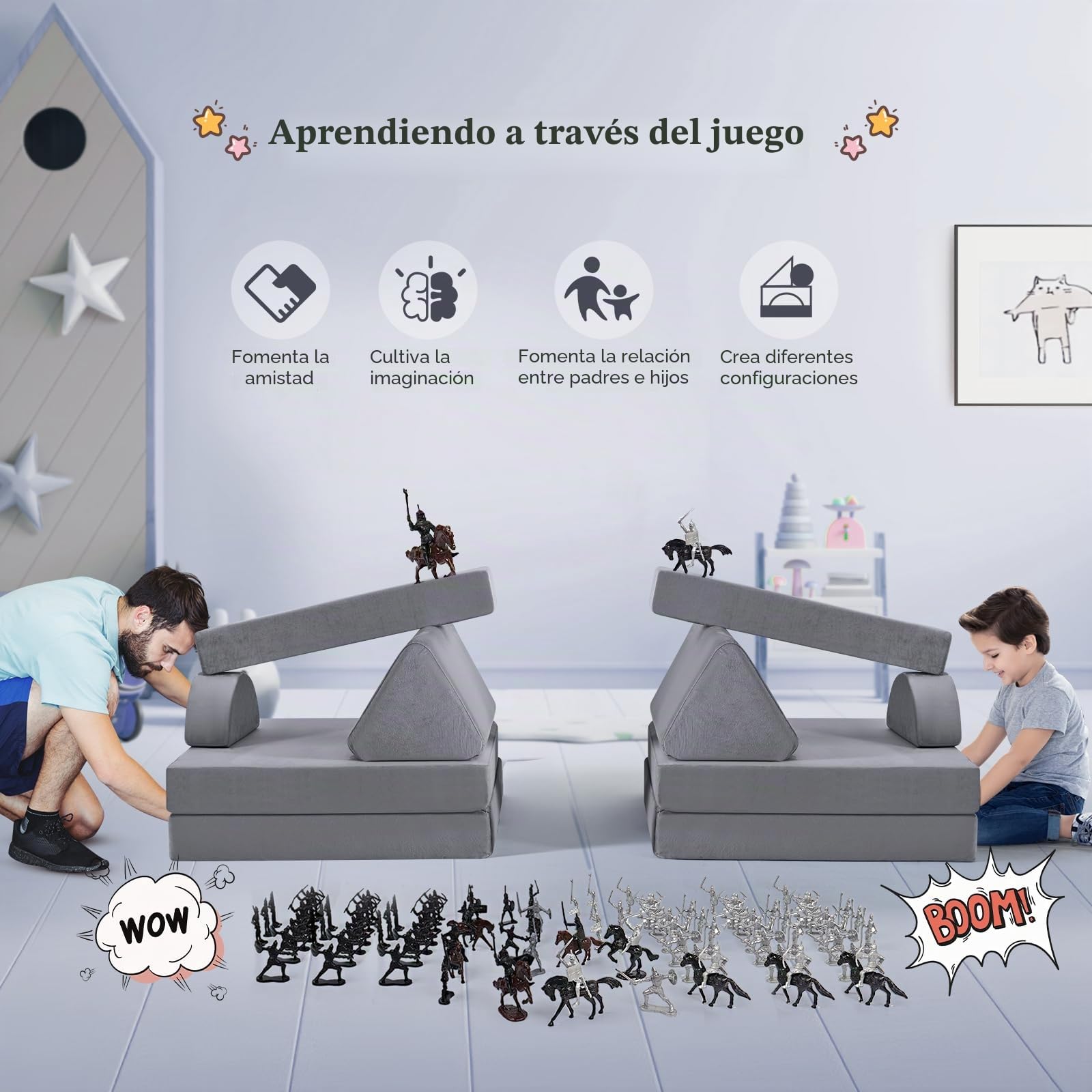Sofá para niños, Juego de sofás para niños de 14 Piezas, Bloques de construcción de Espuma apilables, sofá de Juegos para niños para Zona de Dormir y Sala de Juegos (Gris)