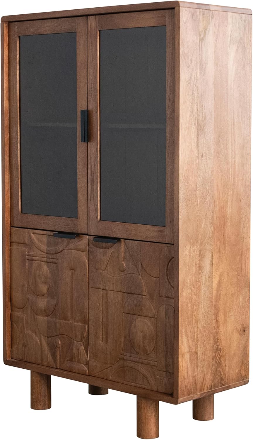 Creative Co-Op Carved Mango & Acacia Wood Cabinet with Glass Top Doors, Natural Finish