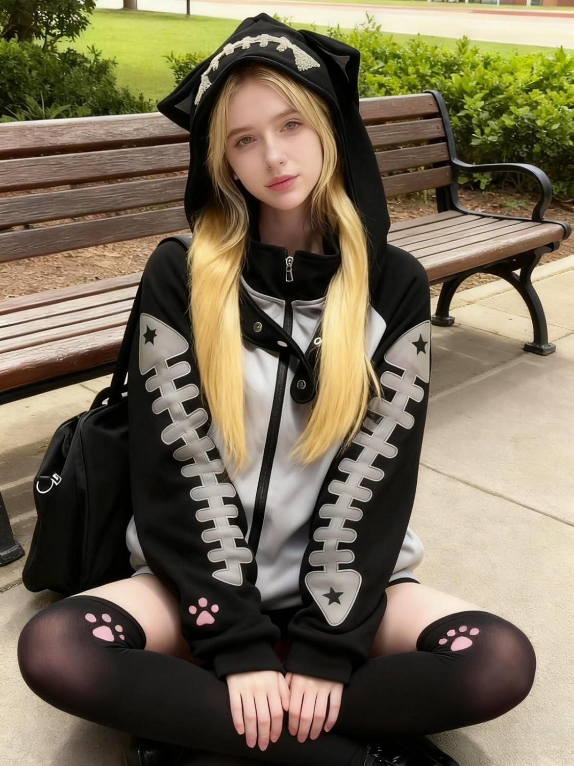 Kawaii Cat Ear Zip Up Hoodie with Detachable Hood Harajuku Sweatshirt Fishbone Print Cute Streetwear Jacket - Image 6