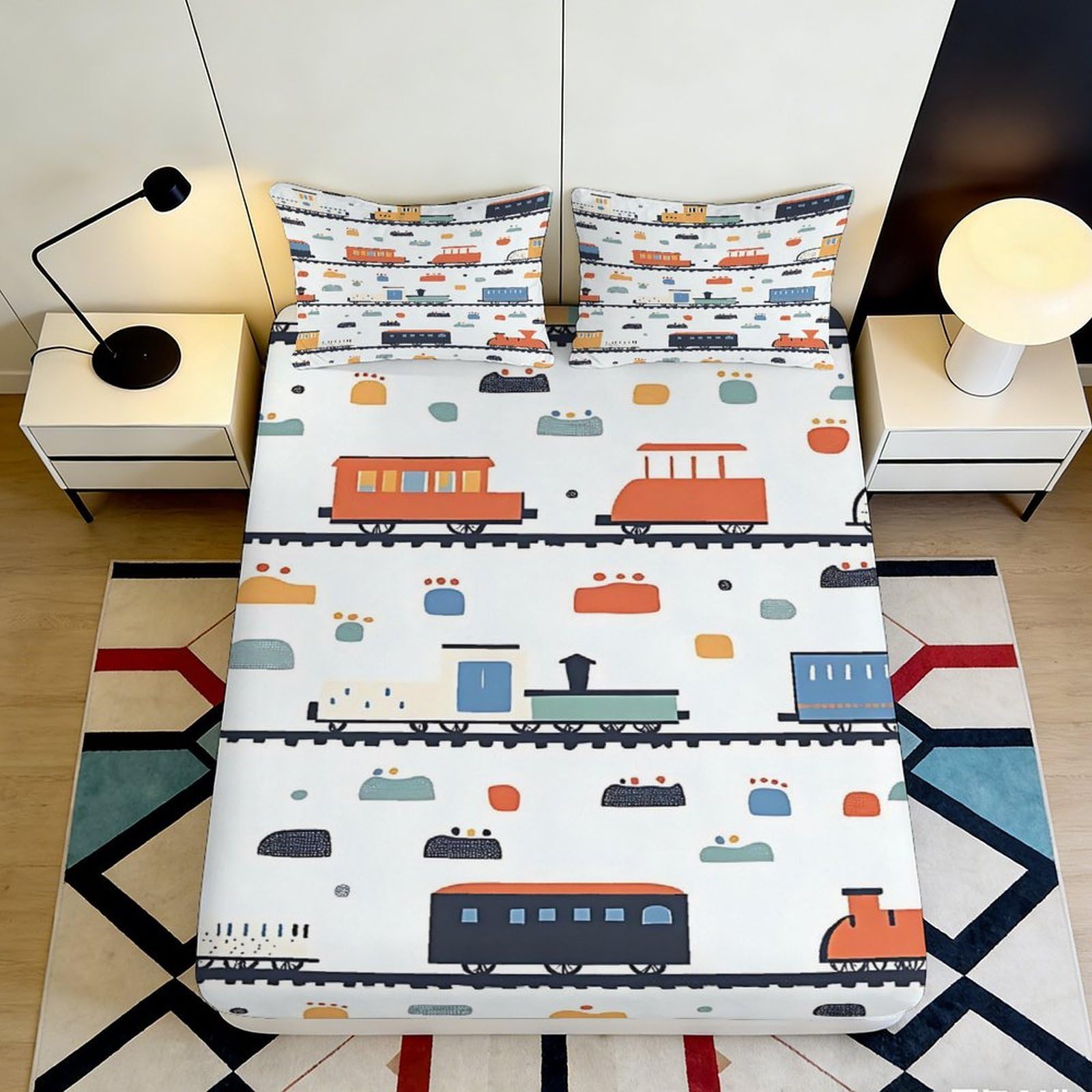 3D Printed Cartoon Train Fitted Sheet Microfiber Soft Anti-Slip Railway Pattern Bed Cover for Bedroom Guest Room Decor 120 90x200x25cm