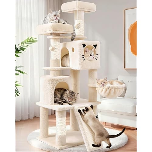 66in Multi-Level Large Cat Tree Tower for Indoor Cat/Kitties, Mordern Cat Tower with Sisal Scratching Posts, Condos and Hammock, Perches, Ramp for Climbing Heavy Duty