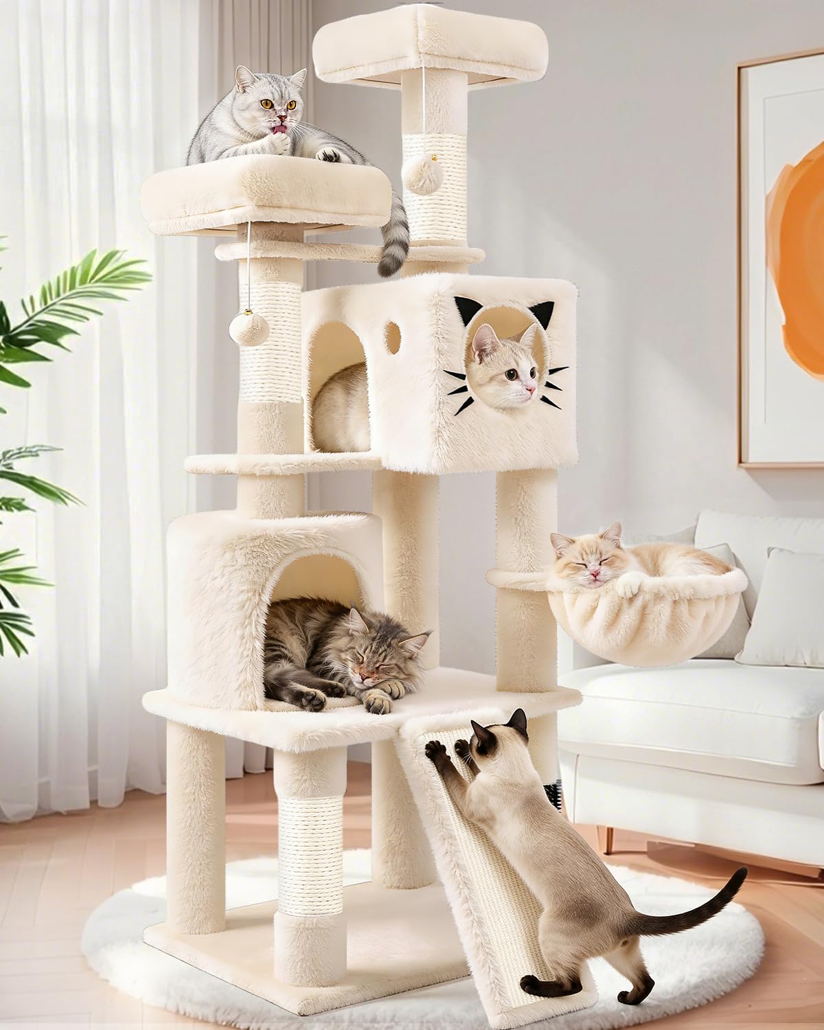 PURRLATO 66in Multi-Level Large Cat Tree Tower for Indoor Cat/Kitties, Mordern Cat Tower with Sisal Scratching Posts, Condos and Hammock, Perches,