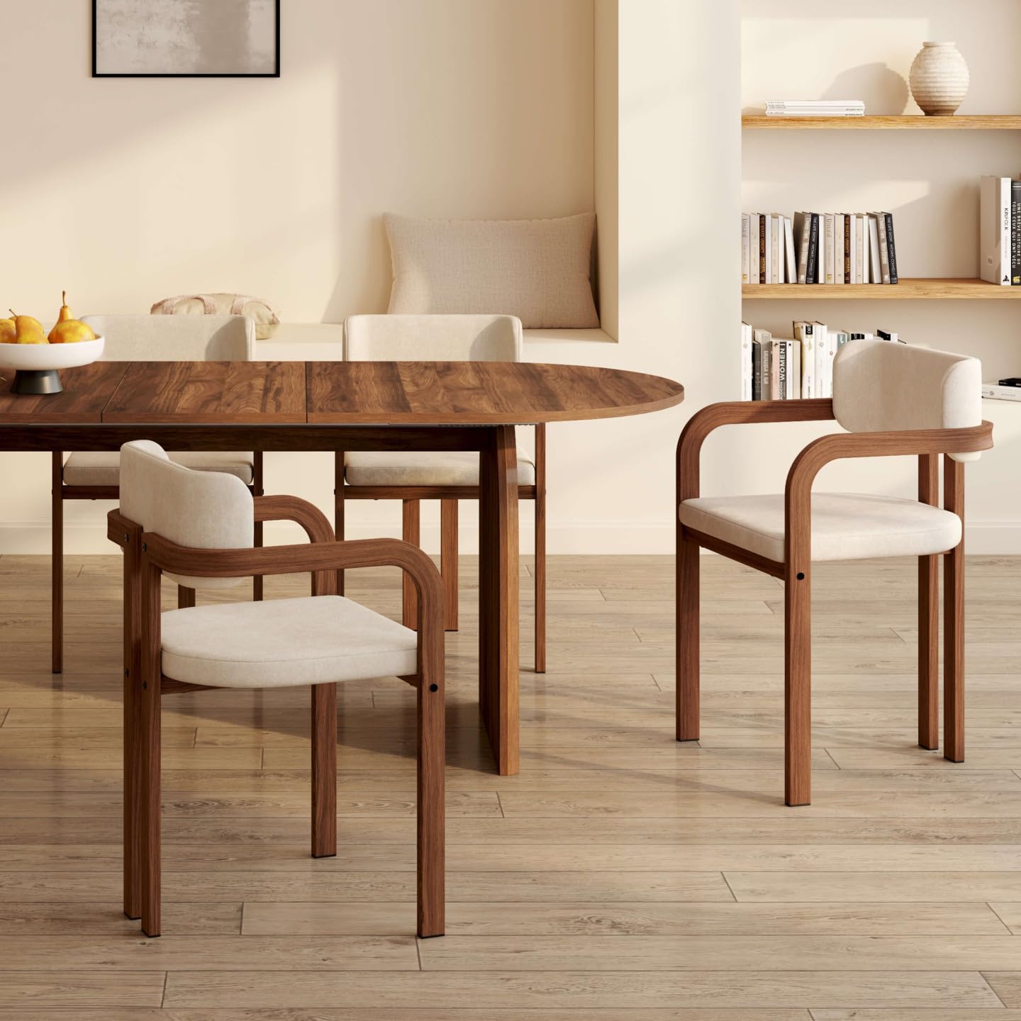 IDMarket - Set di 4 sedie da pranzo ESMA in metallo effetto noce e tessuto di ciniglia beige con braccioli