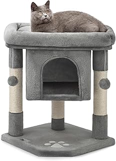 lionto Kratzbaum für Katzen mit Höhle & 2 Plüschballen inkl. Glöckchen, Höhe 60 cm, Katzenbaum mit robustem Sisalseil & weichem Plüsch, gemütliche Liegefläche, für kleine & große Katzen, dunkelgrau product image
