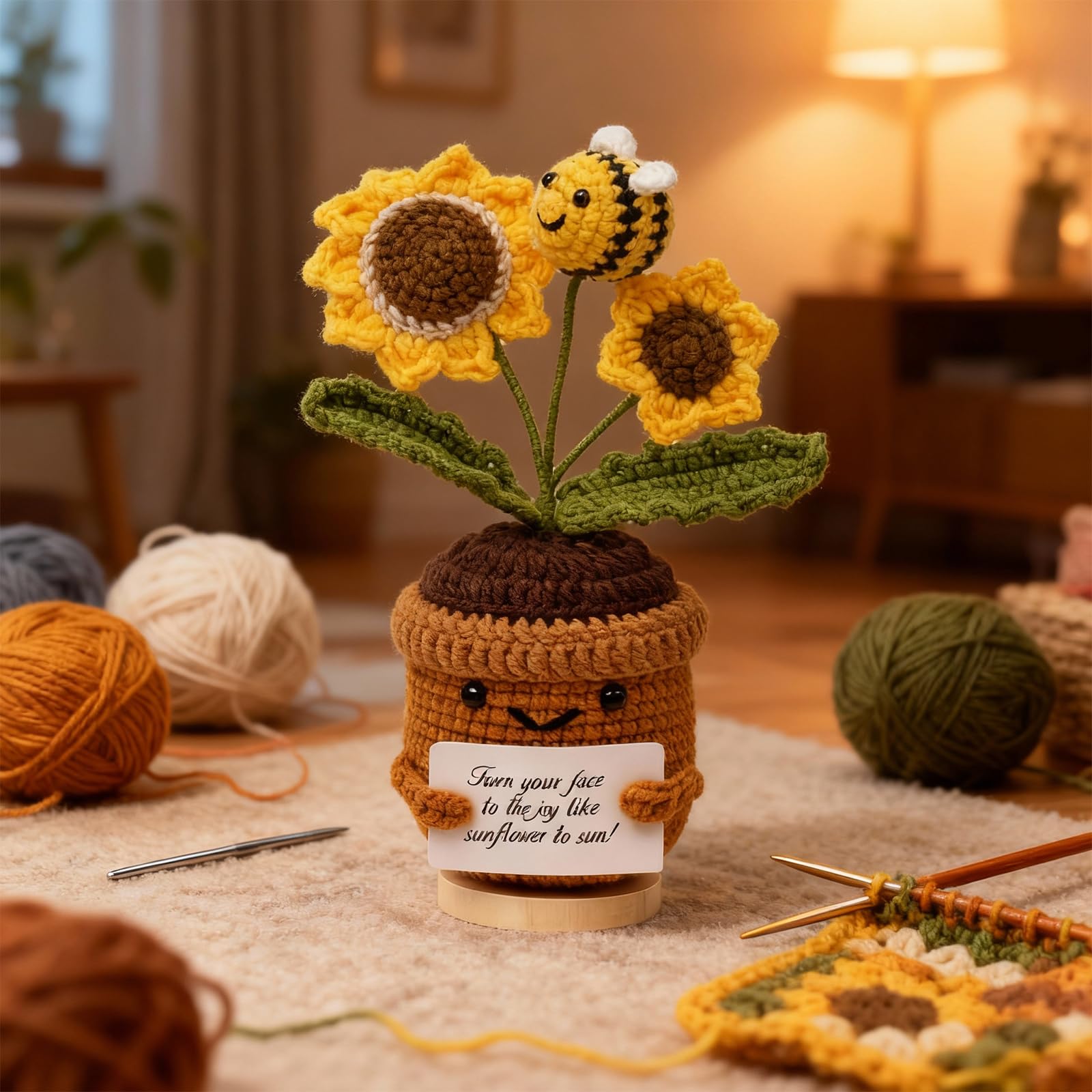 Sunflower Crochet Gift for Mom Women, Mother's Day Handmade Emotional Support Crochet Flower for Desk Decor, Cute Spring Sunflower Gifts for Teacher, Coworker,Friend, Birthday