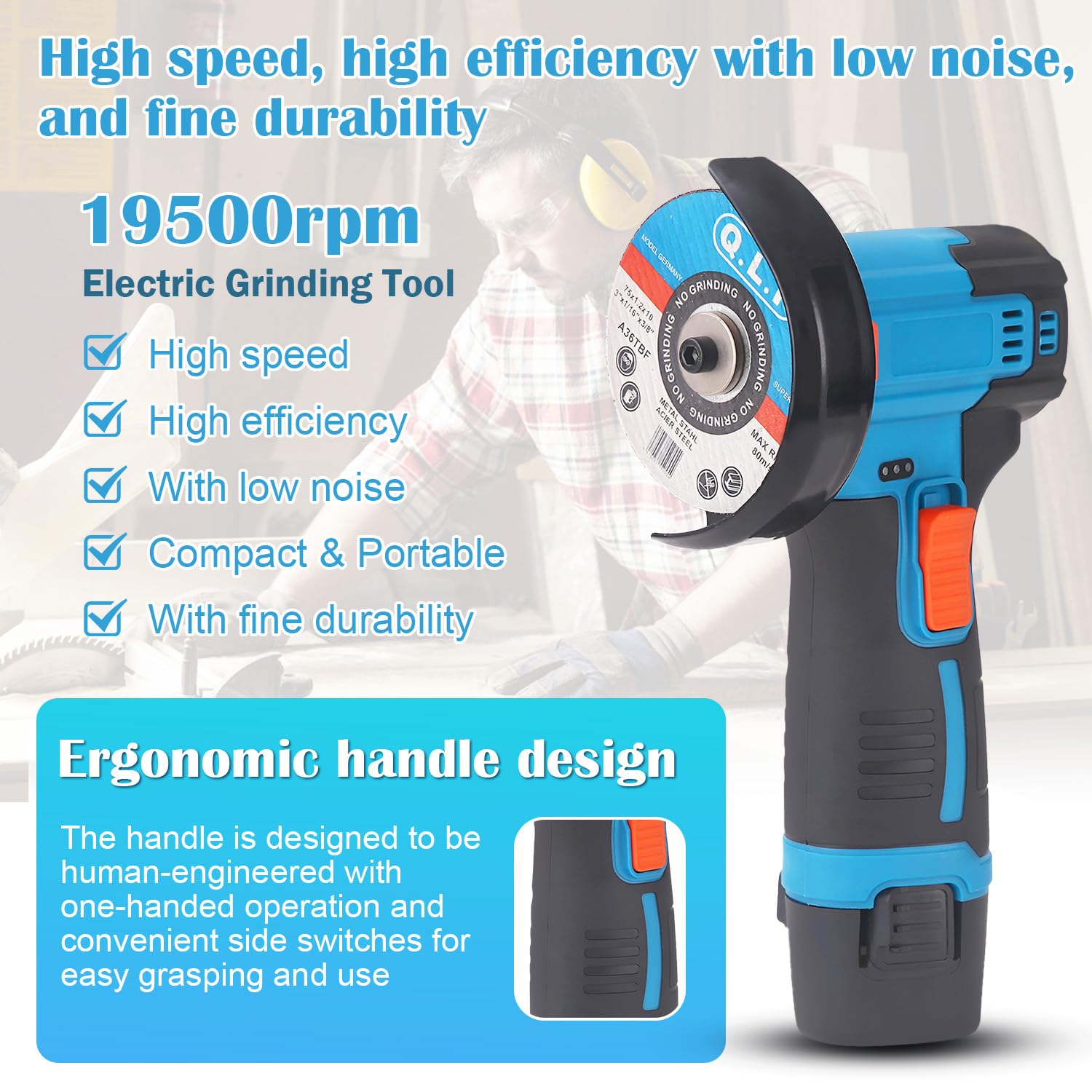 Mini Meuleuse D'Angle Sans Fil 19500RPM 12V Professional Disqueuse Sans Fil avec 2 batteries 4500mAh, 7 Disques à Tronçonner 75mm, Meuleuse d'angle pour Meuler et Polir, Couper