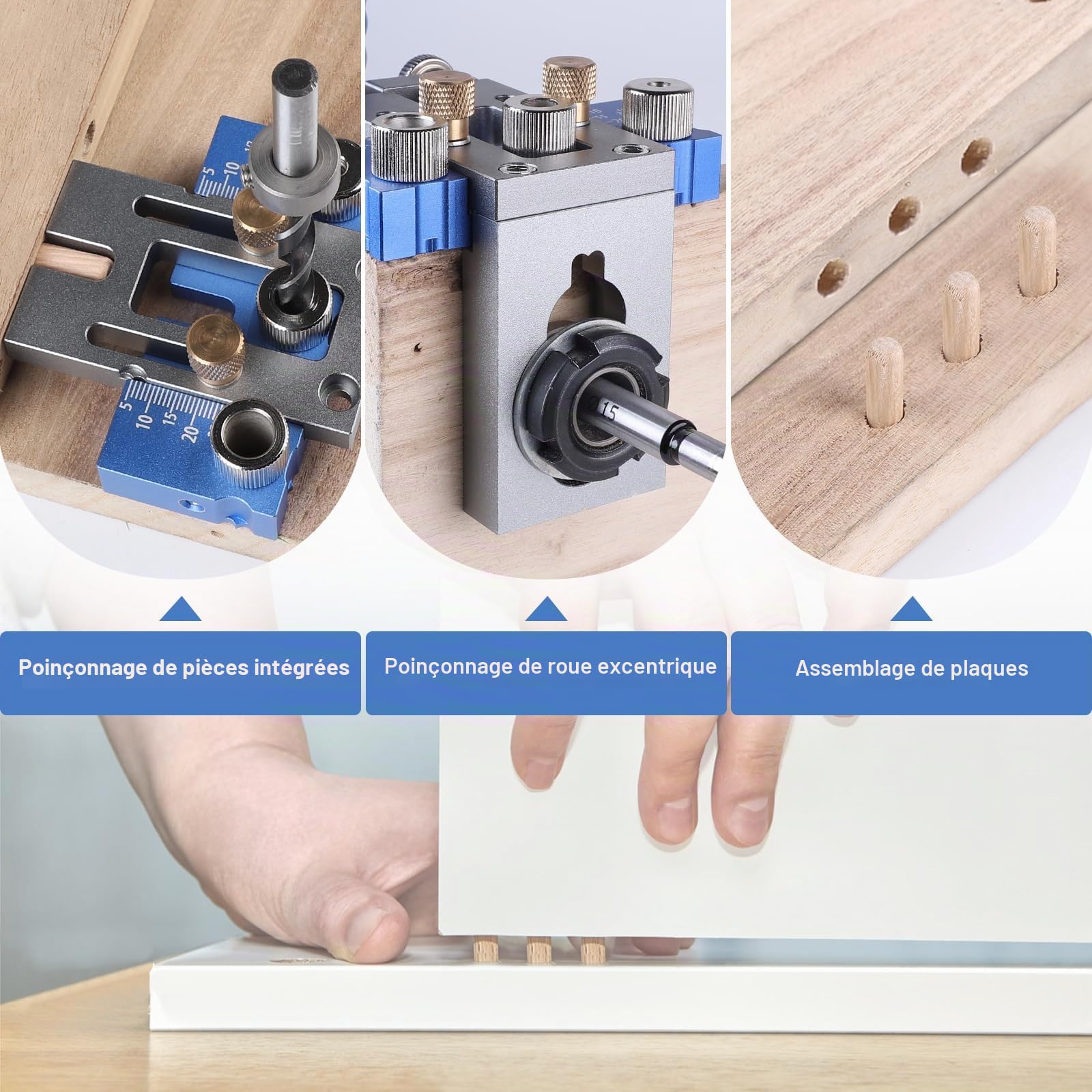EFUTURETIME 3-en-1 Gabarit de Perçage Vertical Set, 5/8/10/15mm Gabarit de Cheville Réglable, Localisateur de Perçage pour Perçages et Connexions Rapides et Précises, Bleu