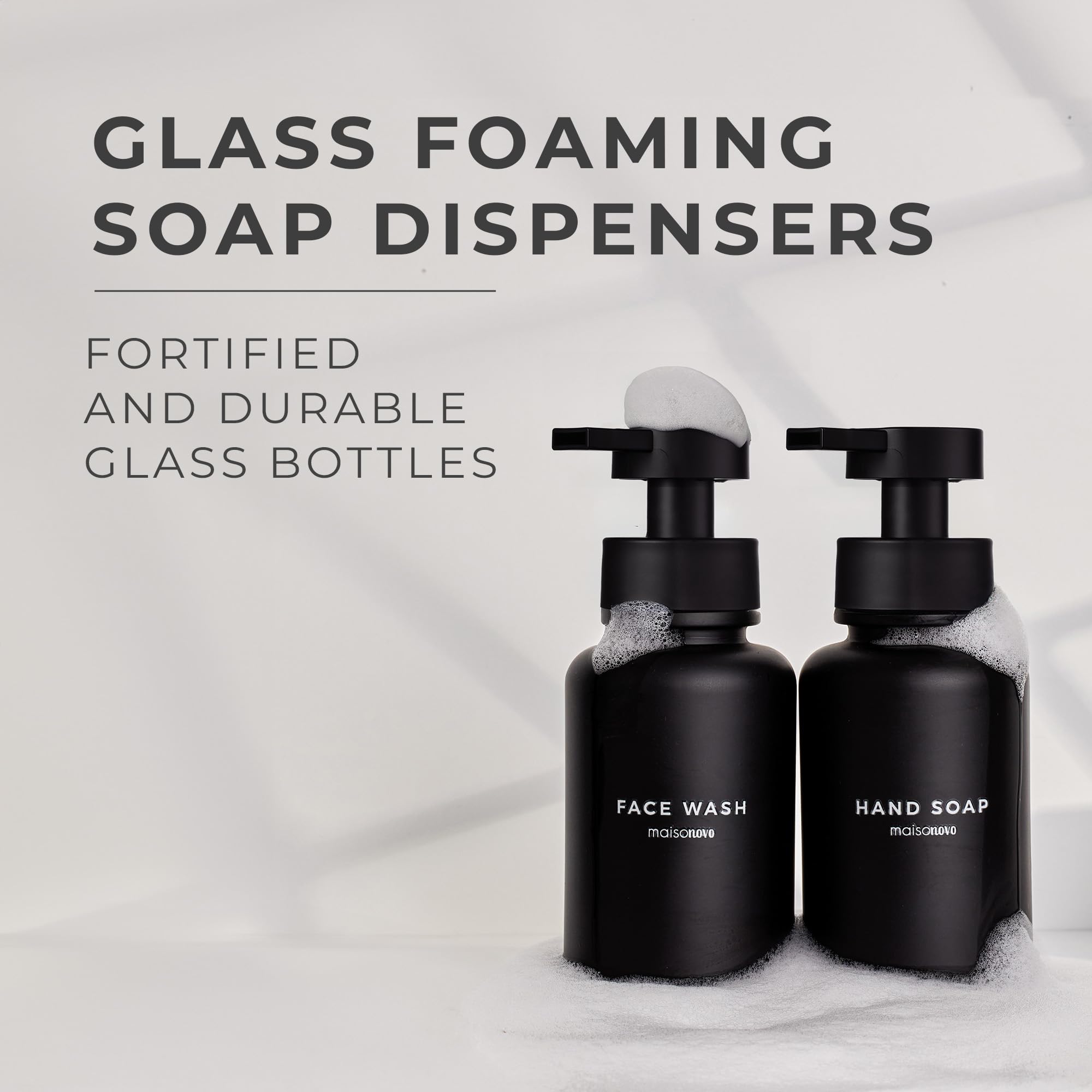 MaisoNovo Glass Foaming Soap Dispenser Set of 2-400 ml Black Glass Foaming Hand Wash Dispenser Black Pump x 2, Waterproof Labels - Image 2