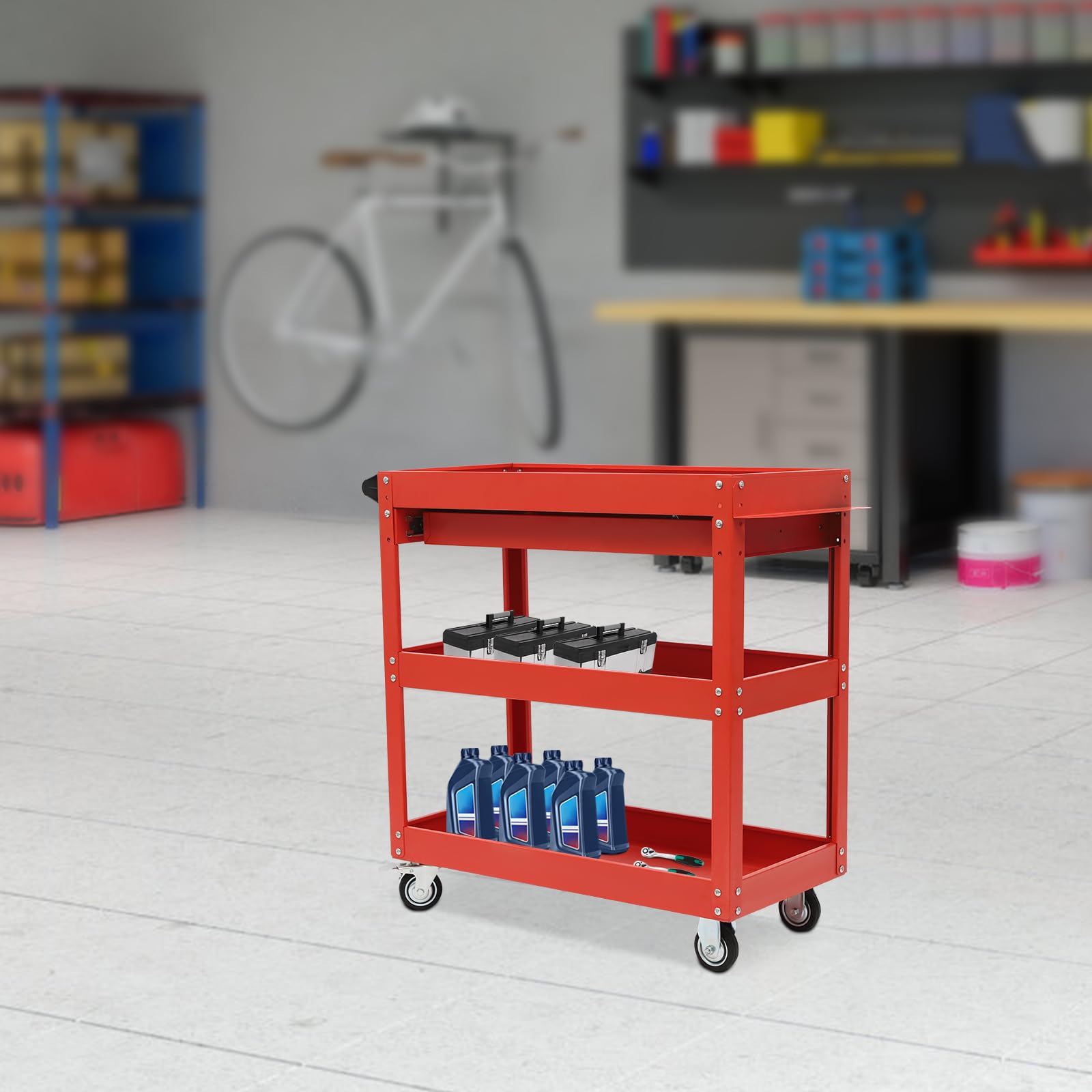 Rollender Werkstattwagen, 3 Etagen Schwerer Werkzeugwagen, Metall Servicewagen für Garage & Werkstatt, bis Tragkraft 150 kg (Rot)