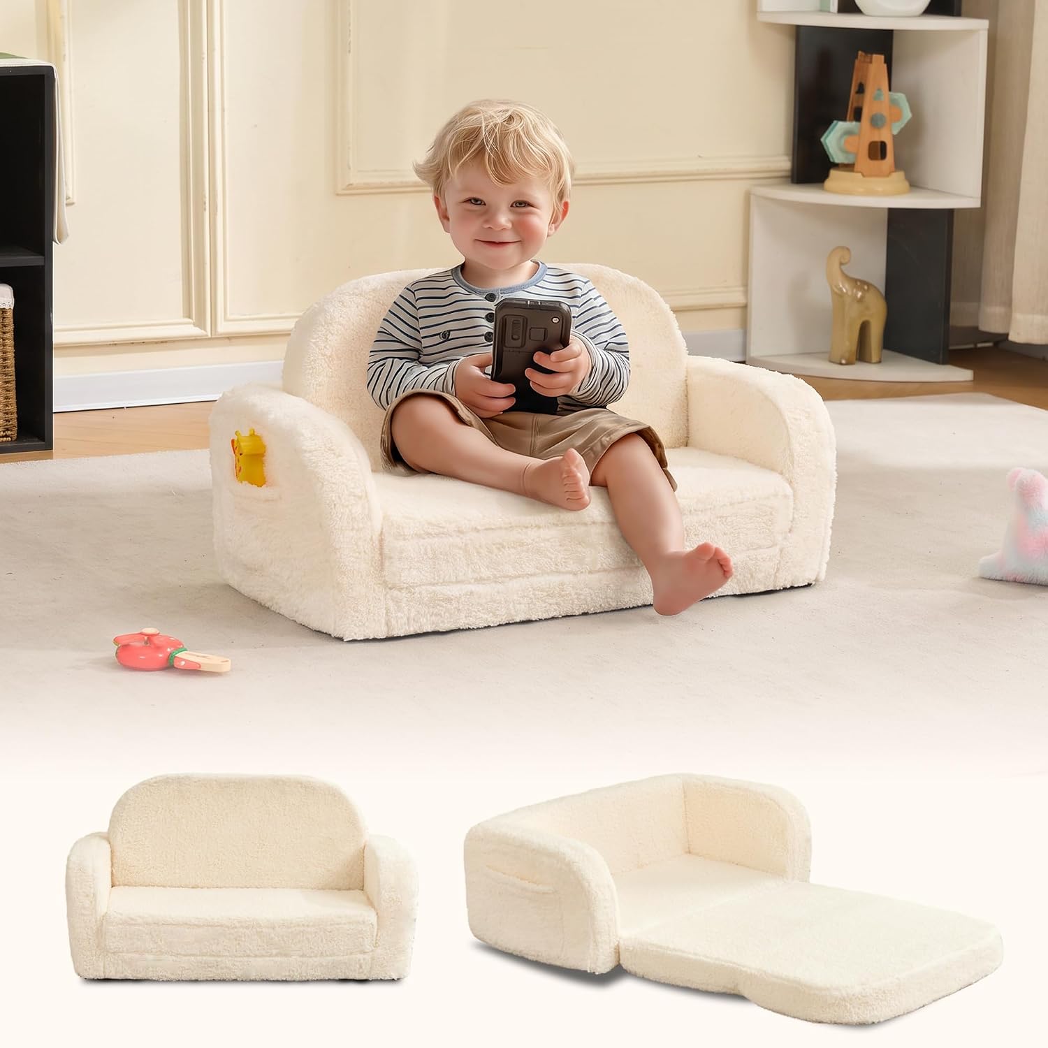 Kids Sofa, 2-in-1 Toddler Couch, Fold Out Lounger Chair, Plush Sofa, Cream
