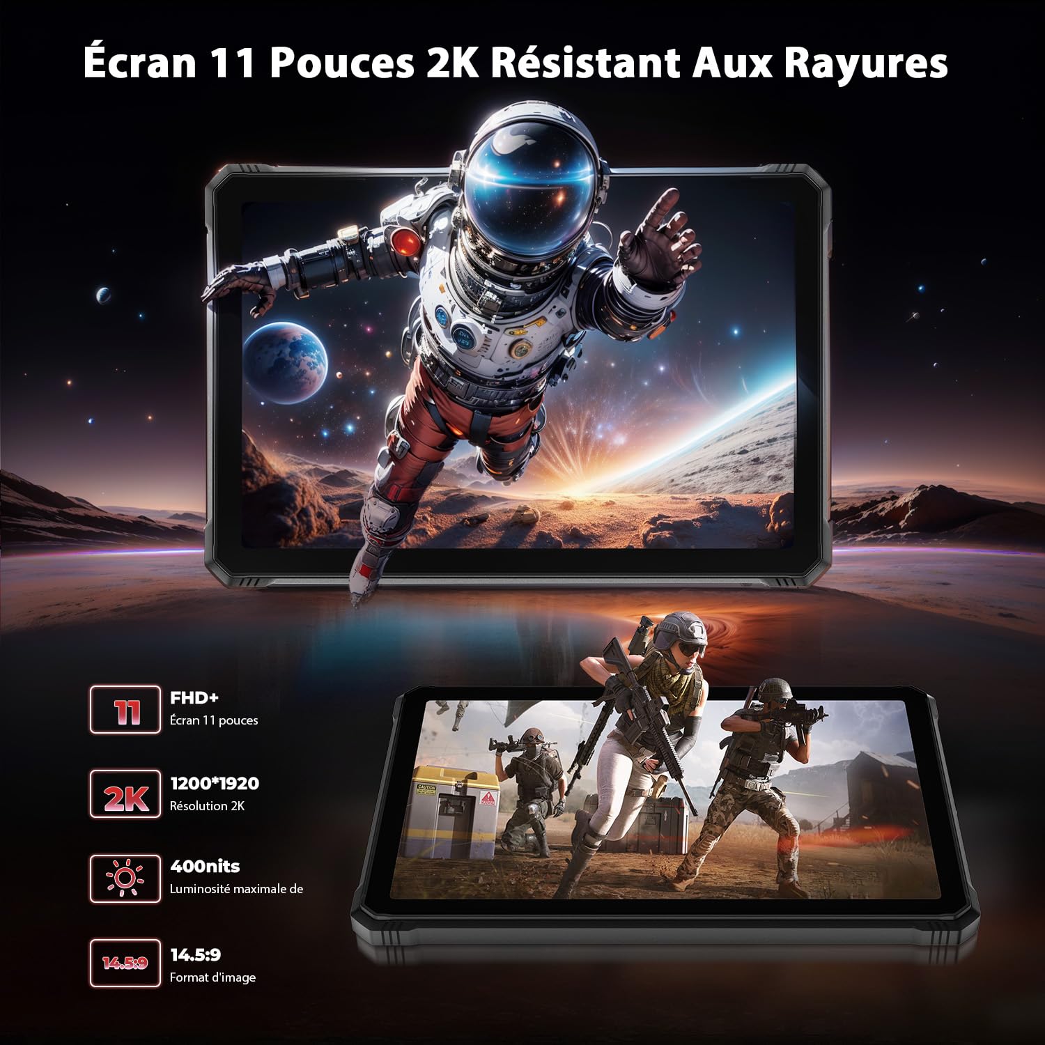HOTWAV R9 Plus 11" 24Go+512Go+2To 20080mAh Android 14 Tablette Incassable | 64MP+16MP 2K FHD+ Tablette Tactile, Dual SIM/4G/WLAN 5G/Octa Core/IP68&IP69K MIL-STD-810/Face ID/GPS/OTG, Noir