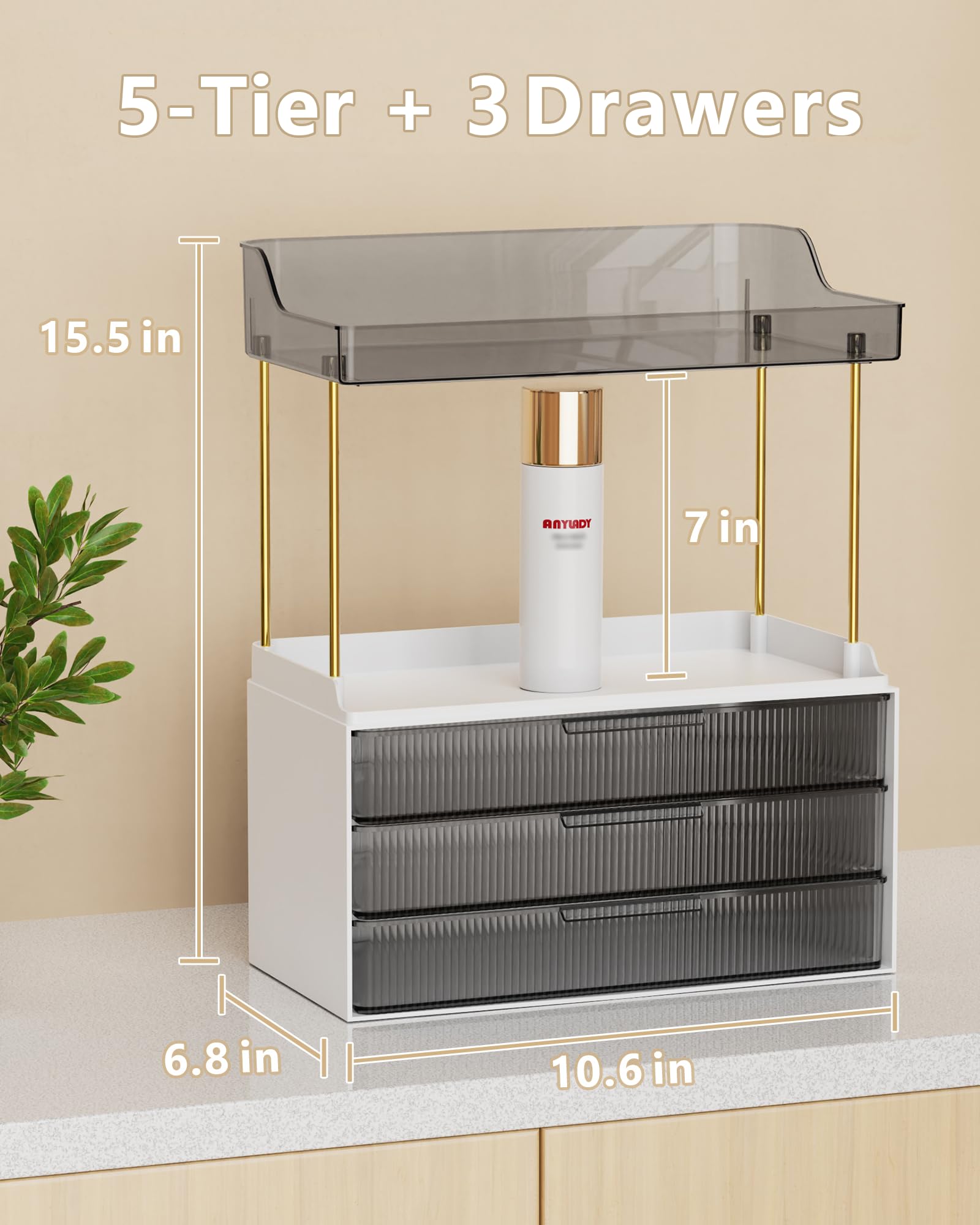 Anylady Bathroom Organizers and Storage, Makeup Organizer (Sturdy Durable Attractive), Ideal for Vanity, Countertop, Counter, Perfume, Skincare, Cabinet, Cosmetic, Dresser Organizer (Gold): black 3 Drawers