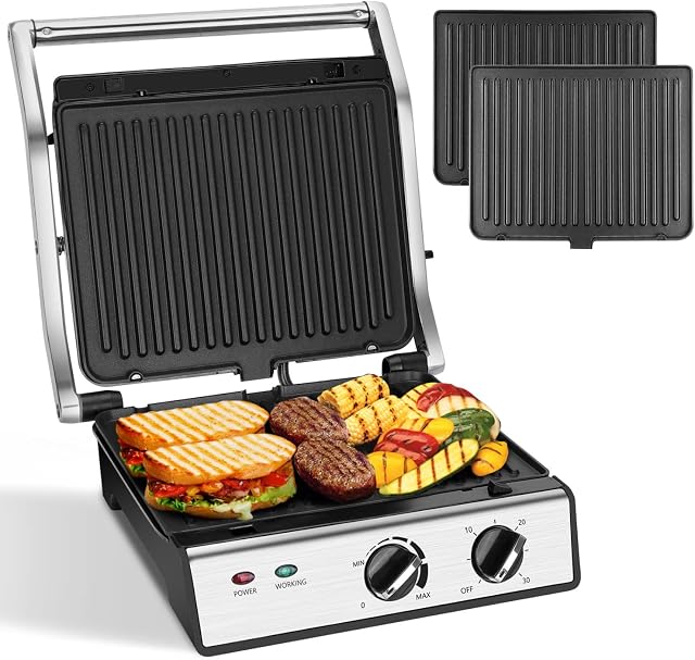Aigostar Dual-Knob Sandwich Toaster with Removable Plate, 2000W Large Fit Grill with 30 Min Timer, Deep Fill Toastie Maker, Panini Press and Sandwich Maker, 180° Flat Open, Stainless Steel -Max