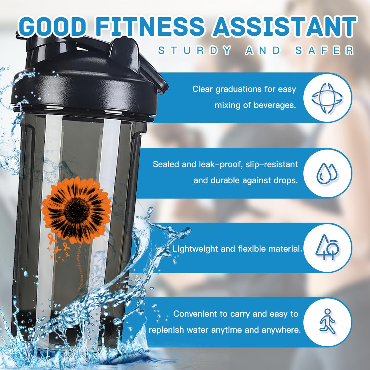Leukemia Cancer Awareness 1 18 Ounce Shaker Bottle Drink Mixer Leak-proof Pre Workout Protein Shakes Meal Replacement Shakes Bottles 500ML/18 Oz Black