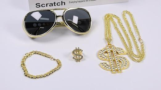 Bijou Carnaval Fête SOETDERT Chaine Or Homme De Dollar, 4 Pièces Kit De Hip Hop Chaîne Bague Bracelet, Or Collier Homme Rappeur Punk, 80s 90s Accessoires Déguisement Pour Carnaval Concerts Party Carnaval