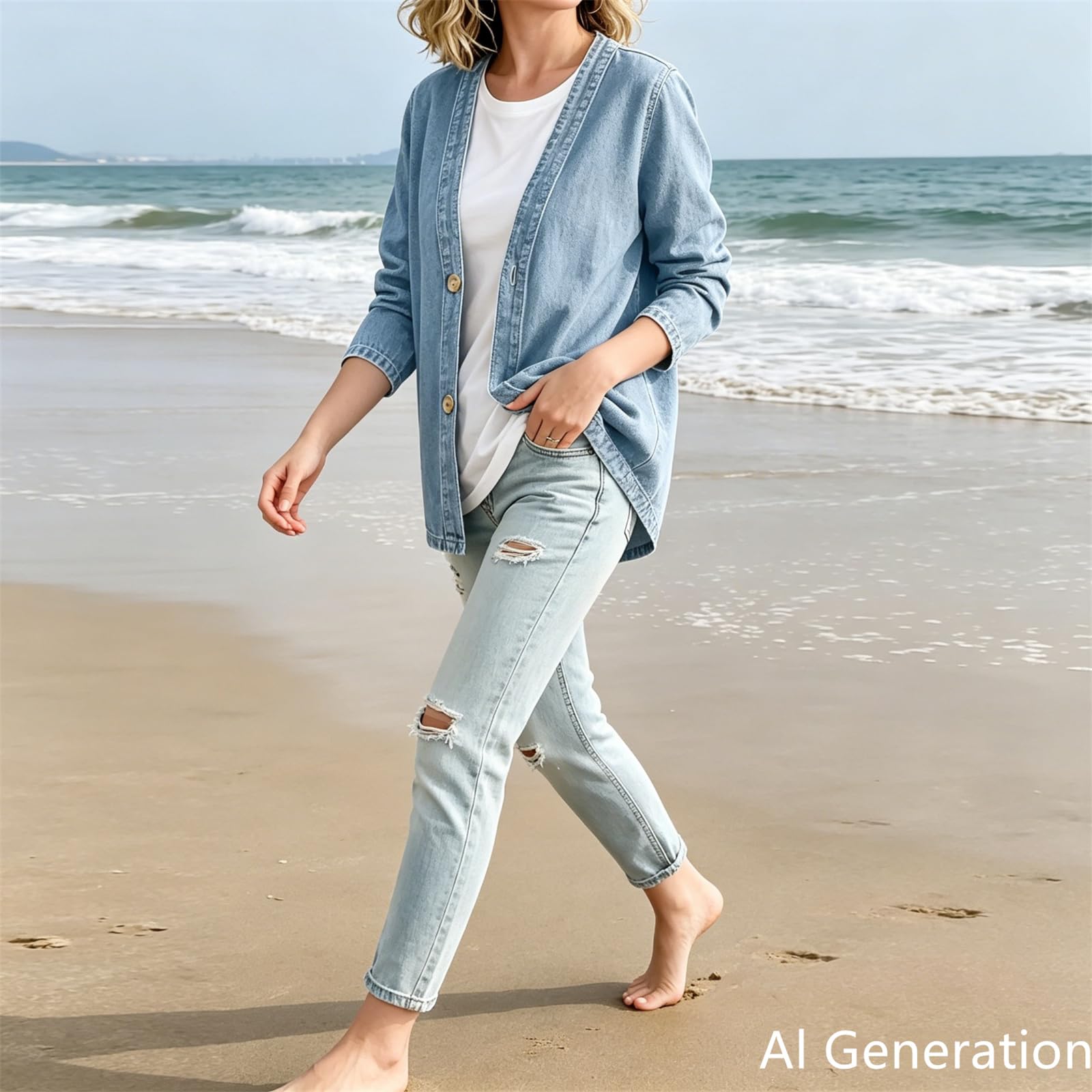 Generico Giacca di Jeans Classica da Donna con Bottoni Frontali – Cardigan in Denim Vintage con Scollo a V
