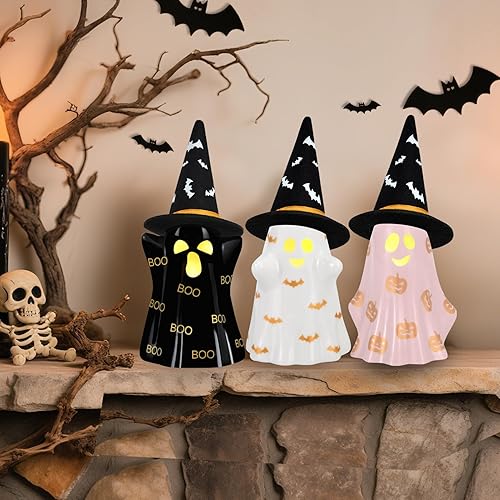 Miniatura 5 de Decoraciones de Halloween para interiores, 3 fantasmas de cerámica de Halloween con sombrero de bruja, bonita decoración espeluznante iluminada,
