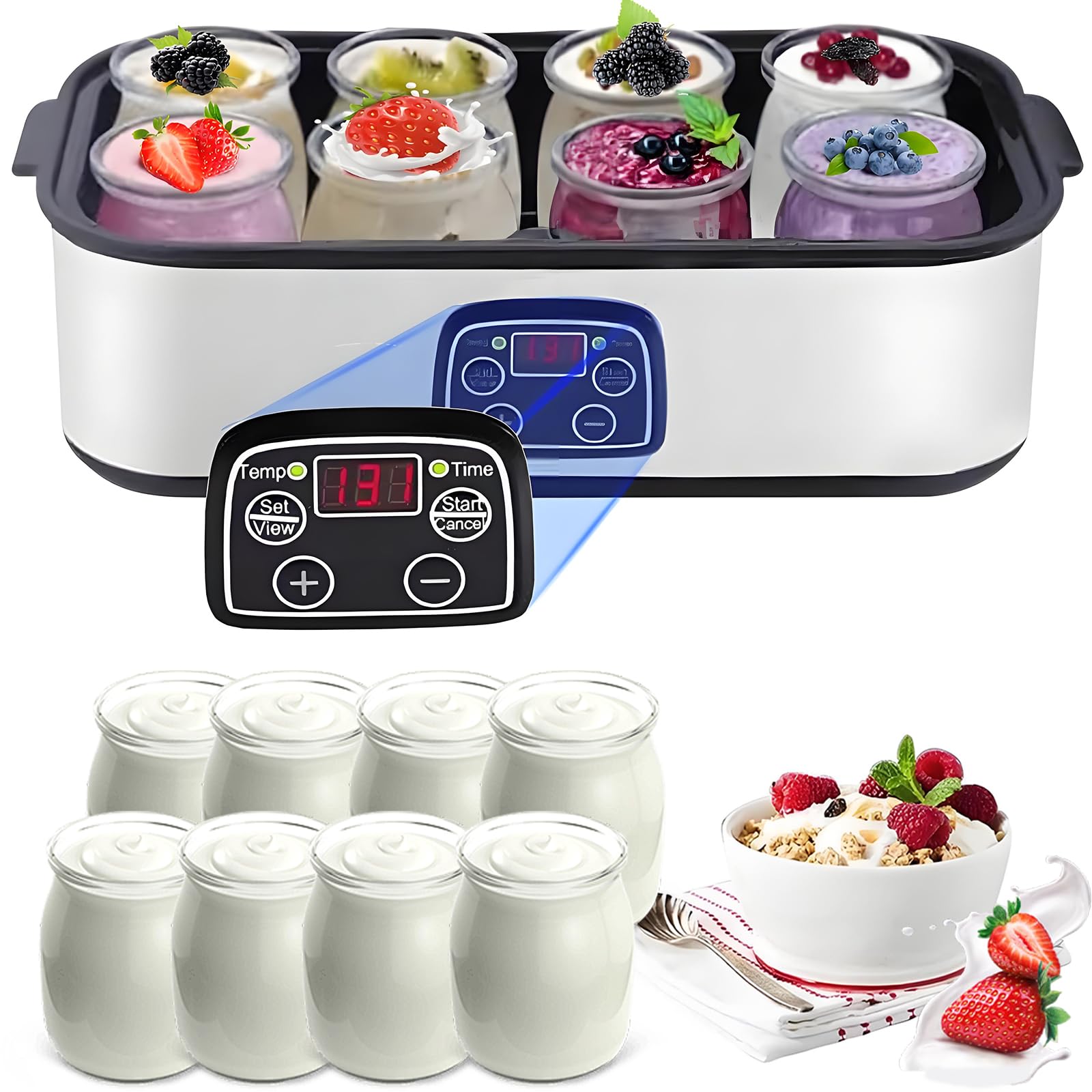 Men's Automatic Yogurt Maker With Lcd Display, 1400Ml Ferter With 8 Cups, Auto Temp Control And 0-48H Adjustable Time, Yogurt Machine For Wo Making Cheese, Yogurt