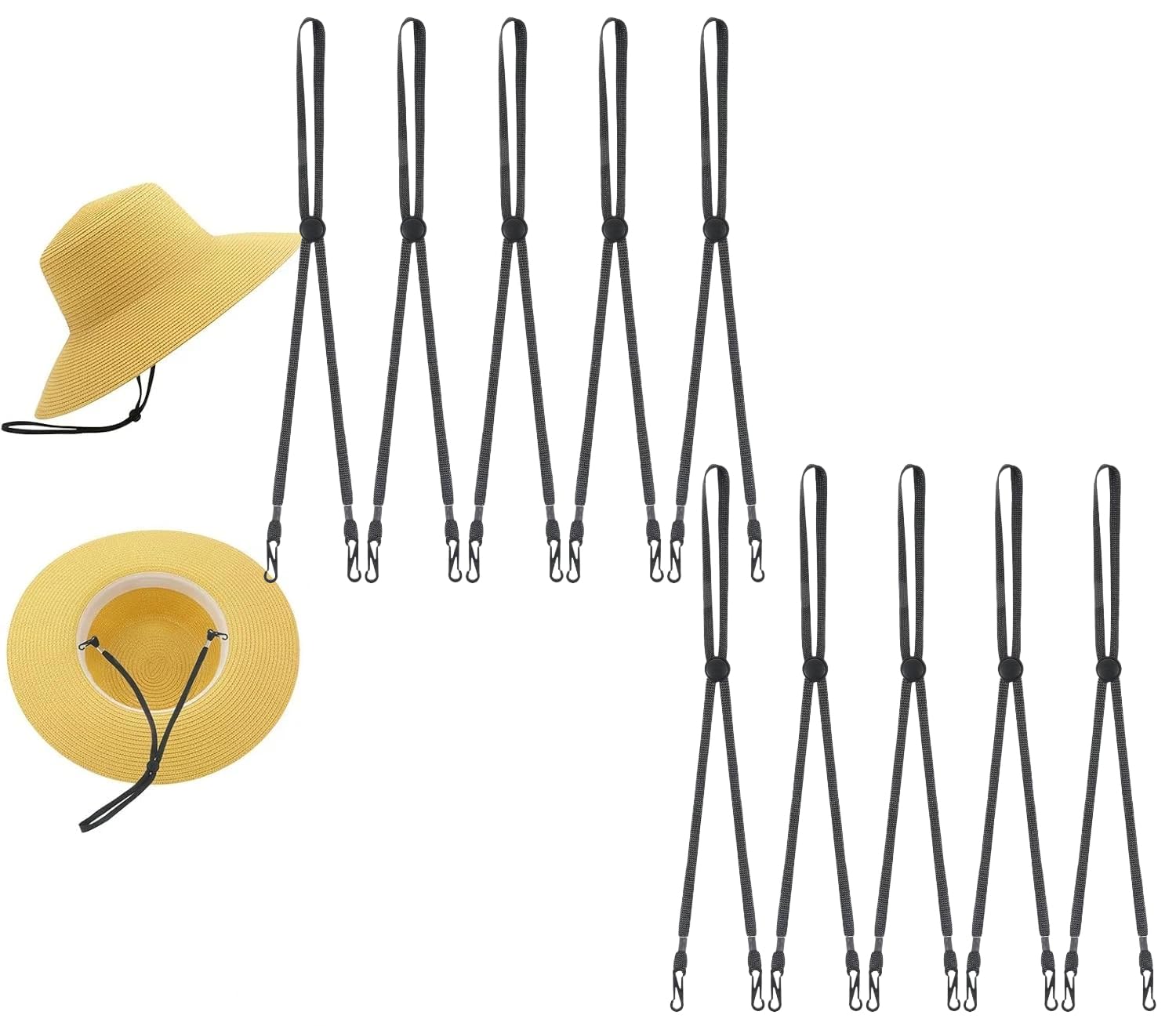 Kitcariole 10 Pcs Adjustable Clips, Elastic Removable Chin Cord for Outdoor Hats and Caps, Windproof Anti-Lost Retainer in Black