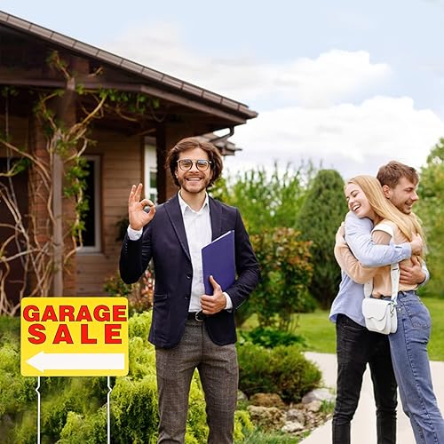 Miniatura 7 de Kit de letreros de venta de garaje de 3 piezas con soporte alto de 12 x 16 pulgadas, de plástico corrugado, impermeable, con flechas direccionales