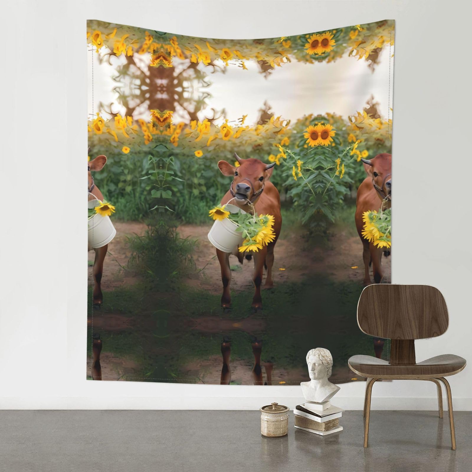 WHJSSF cow in sunflowers Prints 60x51in Wall Tapestry Bohemian Throw Blanket Dorm Decor Beach Picnic Cover