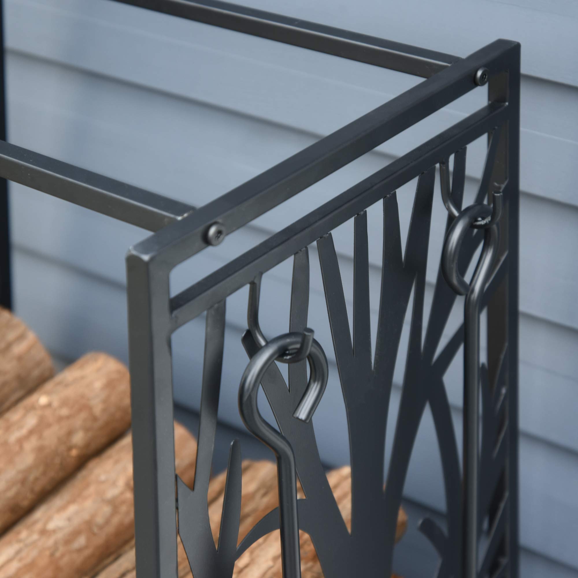 HOMCOM Porte bûches - Range bûches Serviteur de cheminée Arbre - Multi Accessoires étagère 46L x 29l x 70H cm Acier Noir