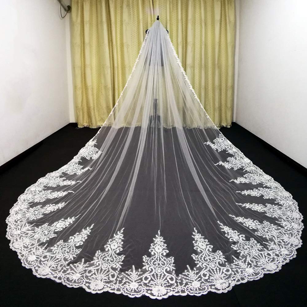 Bridal Veil 3M boda velos de encaje apliques borde largo longitud de la catedral velos de tul Una capa de velo de novia personalizado Made Precioso tul de novia ( Color : White , Item Length : 350cm )