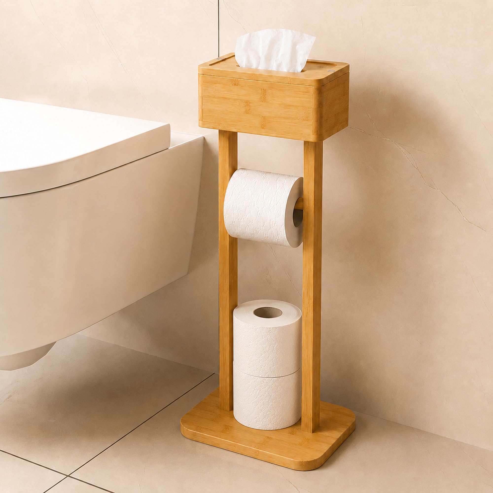 4-in-1 Toilettenpapierhalter Stehend aus Bambus, Klorollenhalter mit Feuchttücher Box & 360° Drehbarer Ablage für Handy, Ersatzrollenhalter Badezimmer, Ohne Bohren