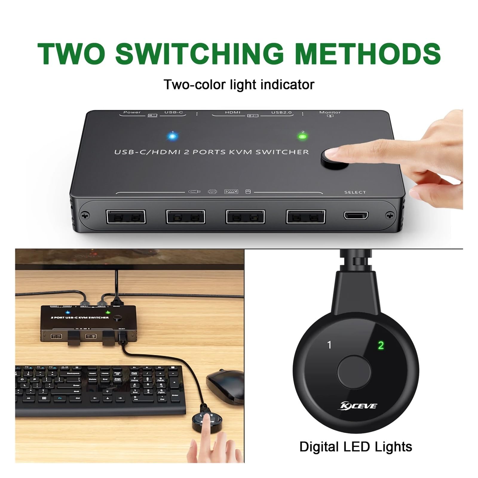 Switch KVM USB C 3 in 1, 4K 60Hz, Tipo C, USB KVM Switcher, Ricarica PD da 87 W, for 2 Computer, e 1 Monitor