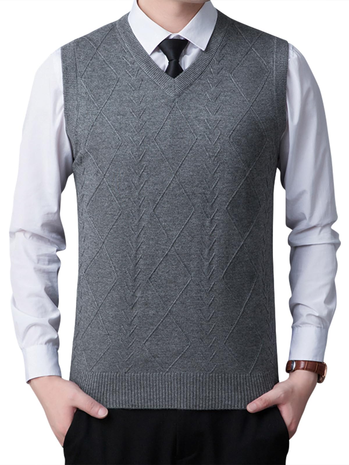 hilarocky Men's Knit Vest, V-Neck, Wool Sleeveless Sweater, Spring, Autumn and Winter, Plain, Thermal, Cold Protection, Business-picture-18