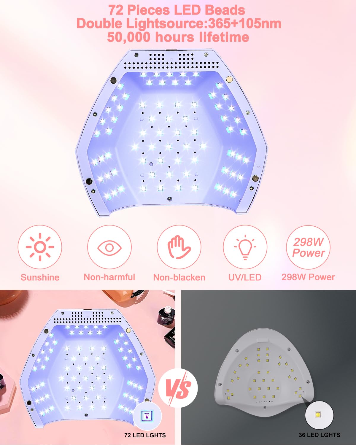 298W Lampada UV LED Unghie, con 72 Leds Fornetto Unghie Semipermanente, Lampada UV con 4 Timer e Sensori Automatici, Lampada LED Unghie