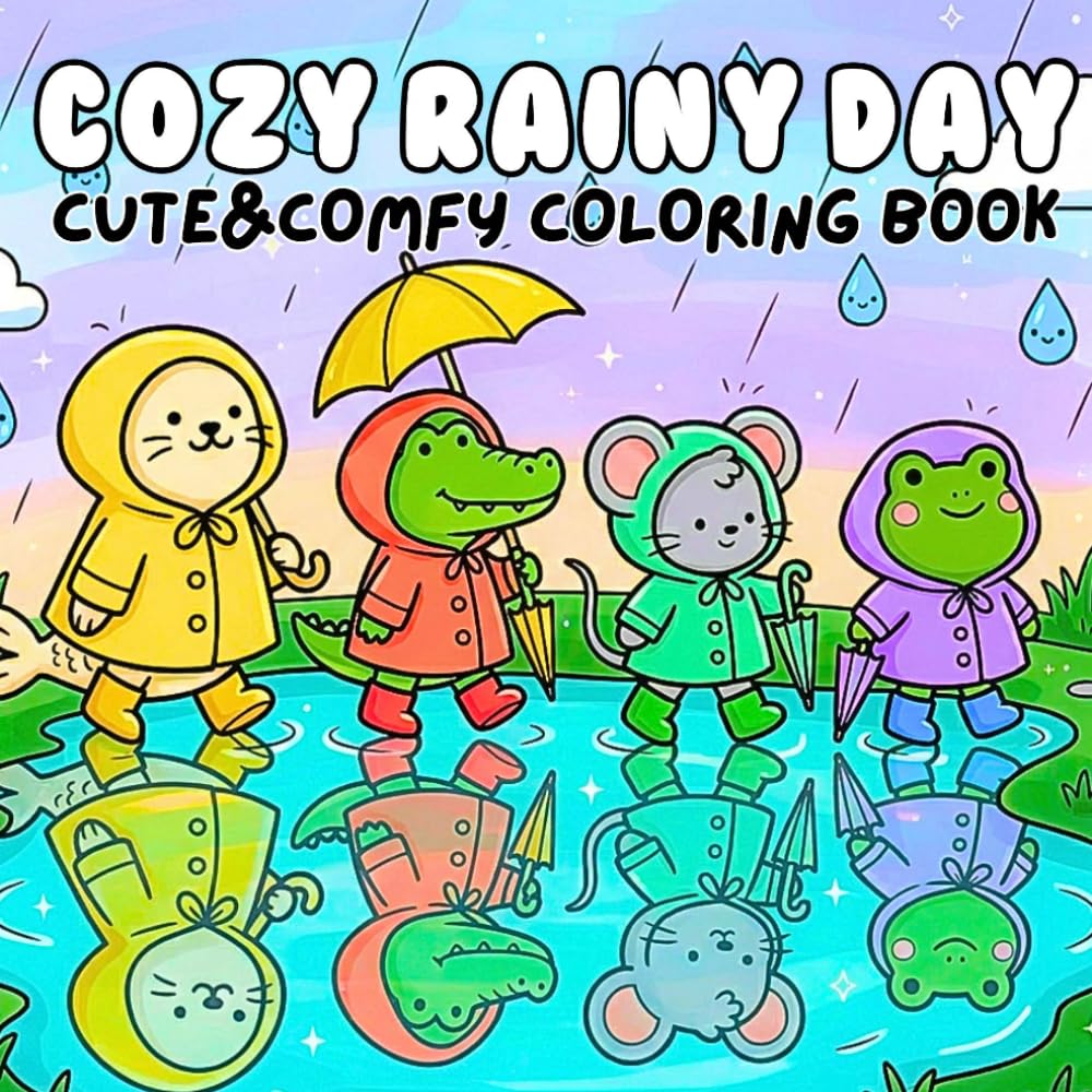 Cozy Rainy Day Cute & Comfy Coloring Book:: Adorable Animals in Raincoats, Umbrellas & Puddle Scenes for Kids