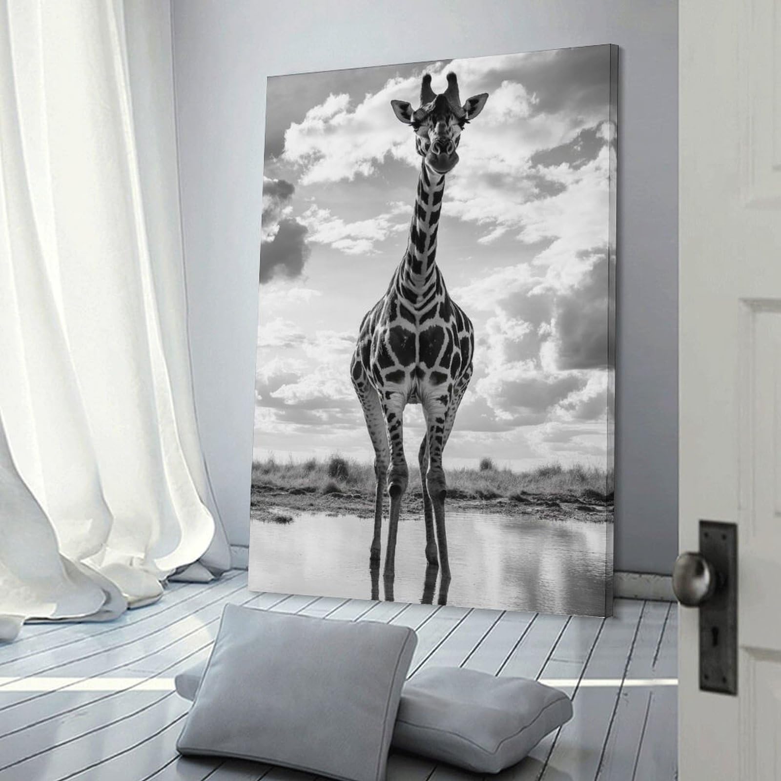 Junmoney Frame-Style-6 Giraffe At Waterhole Black And White Photo Home Decor Wall Art 12X18inch(30X45cm), For Bedroom, Guest Room Or Reading Nook, Decorative Wall Art For Cosy Rooms
